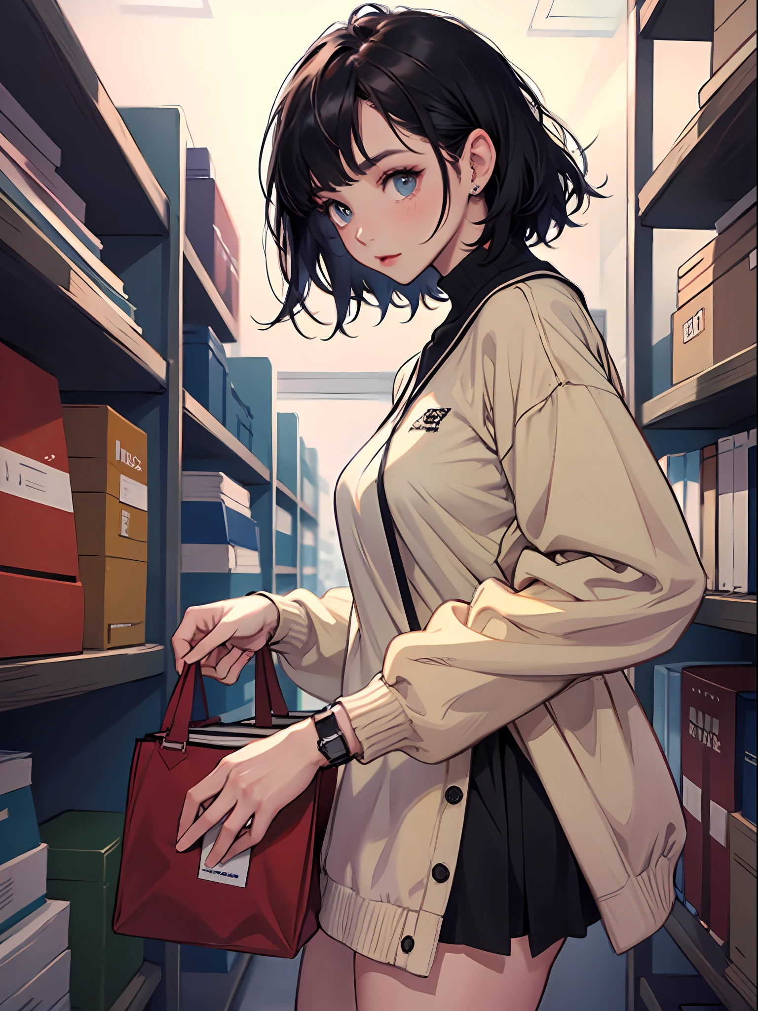 18 year old young girl : 1.3, short black hair: 1.2, Casual wear: 1.2, Daytime: 1.2, In the library: 1.2, Film lighting, Surrealism, UHD, ccurate, Super detail, textured skin, High detail, Best quality, 8k