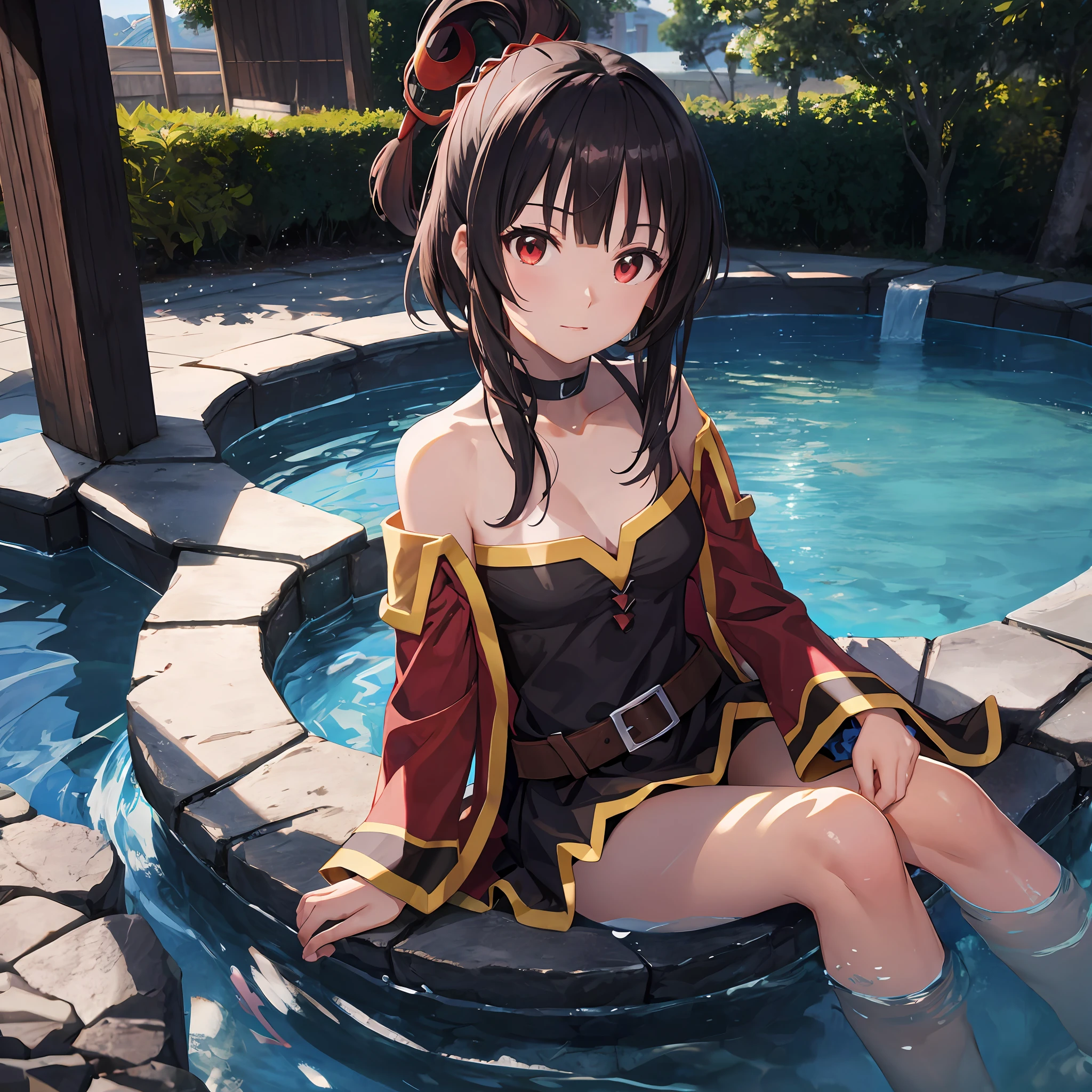 realista, foto, bonita, obra-prima, melhor qualidade, 1girl (Megumin do anime konosuba), solo, sam yang, nadador, sbikini, elegant bikini, peito pequeno, decote, linha bronzeada, foto retrato, olhando para o espectador, rosto detalhado, olhos longos detalhados (red eyes), cabelo detalhado(cabelos castanhos), parcialmente submerso, piscina ao ar livre, pele molhada, cabelo curto molhado, detalhes intrincados, sombra, Uplighting, ray tracing, High quality water, realistic water, HD, 4k