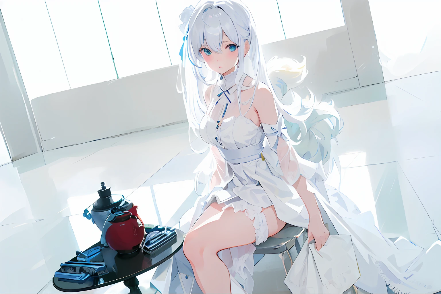 anime girl with white hair and white dress sitting on a tea table,indoor,window in background, digital art on pixiv, anime art wallpaper 8 k, a beautiful artwork illustration, beautiful anime artwork, beautiful anime art, digital anime art, guweiz on pixiv artstation, anime art wallpaper 4 k, artwork in the style of guweiz, anime art wallpaper 4k