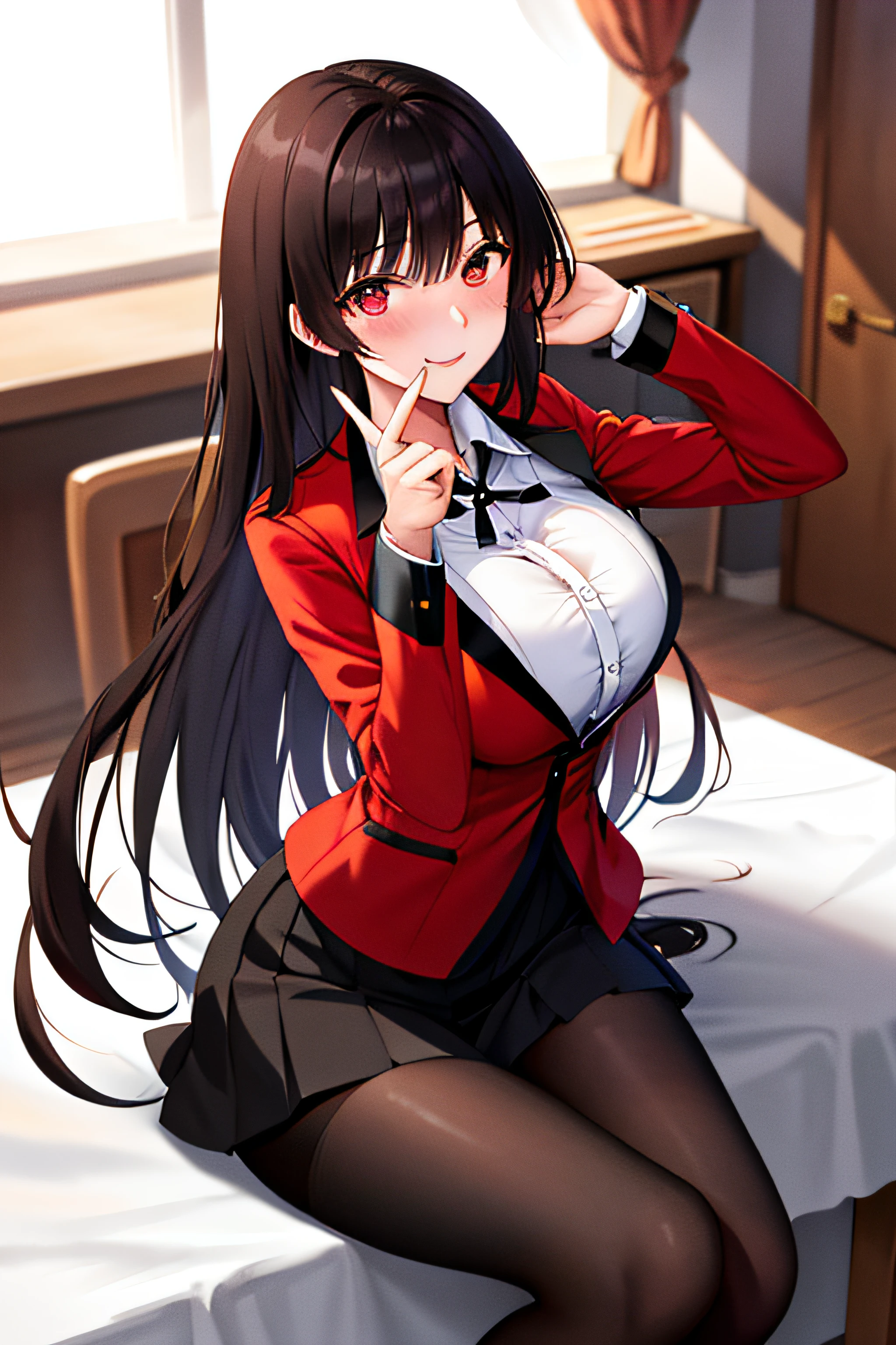 ​masterpiece, top-quality, hight resolution, HMJY1, length hair, bluntbangs, 校服, a red jacket, Black pantyhose, white  shirt, a black ribbon, pleatedskirt, long-sleeve, cowboy  shot, radiant eyes, red blush, evil smile, sitting on, ‎Classroom, dark backgrounds, cleavage of the breast、legs wide open