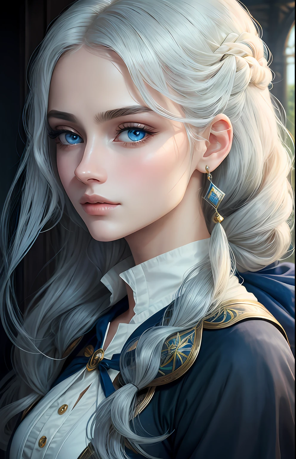 animesque、One person17Beautiful woman of age、Moisturized eyes、ciri、a picture、Androgynous Hunnuman、oval jaw、Delicate features、beautiful countenance、The hair、long bangs、long pony tail、Blue eyes with beautiful shine、LDS Art