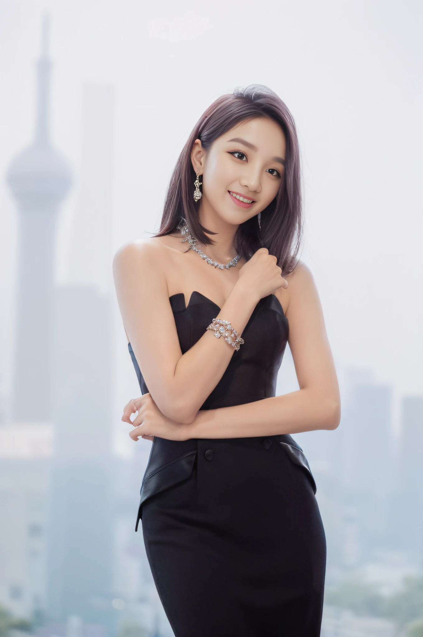 araffe woman in a black dress posing for a picture, shaxi, jia, ji-min, eora, Choi Hyun-hwa, jiyun chae, Lu Ji, lee ji eun, Lee Ji-eun, Inspired by Huang Ji, park jimin, krystal, dilraba dilmurat, Elegant woman, shin min jeong，4k画质，Ultra HD face detail，Textured skin，HighestQuali，Vertical painting shadows，atmospheric distance sense，Smile confidently，Star temperament --auto