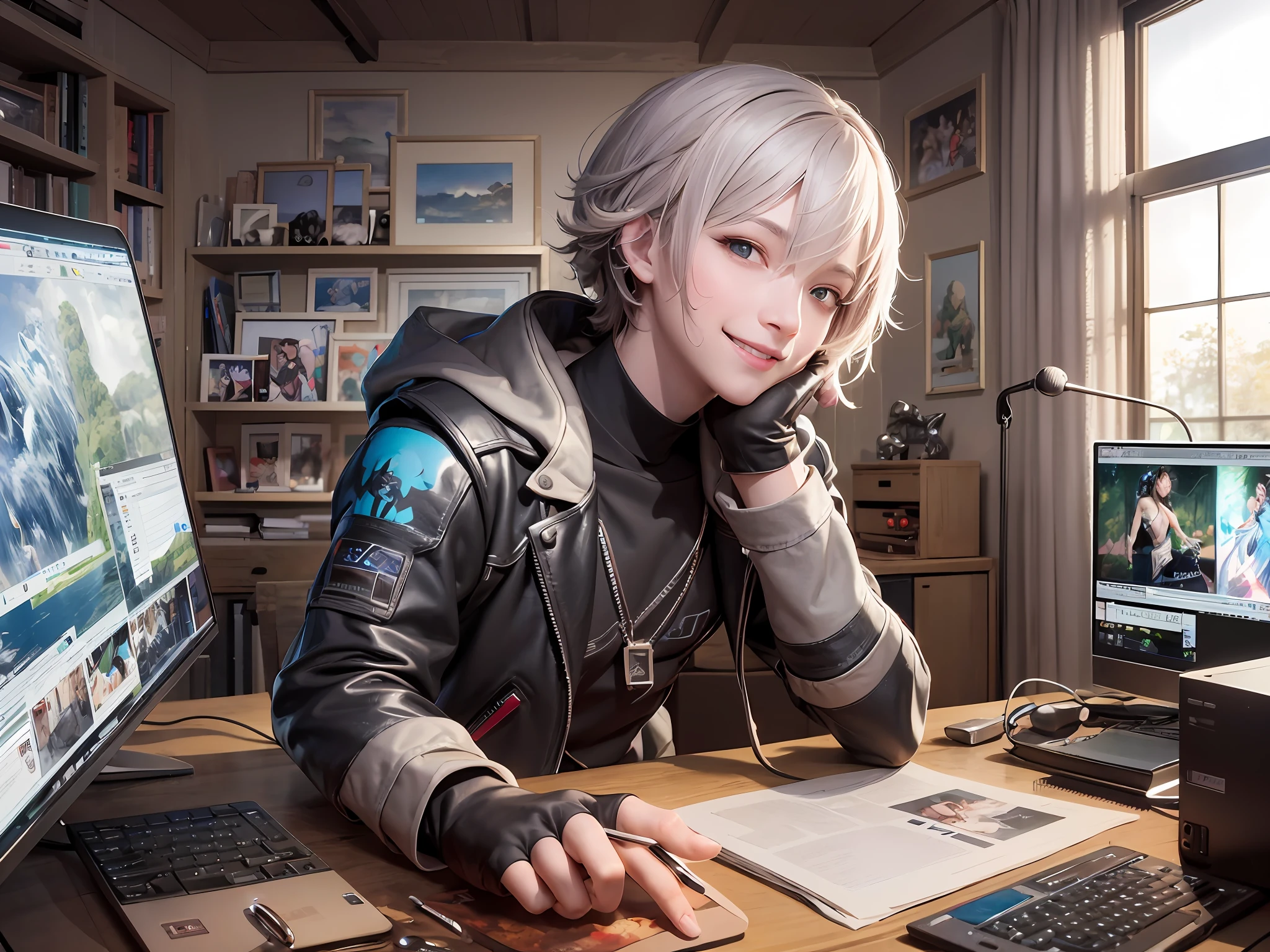 A boy smiles in front of the computer in the room doing a live broadcast,There is an arm-enabled microphone in front of the computer,ross tran(Ross Tran)A detailed painting,Take pixai,Fantasyart,offcial art,artstation hd,Anime aesthetics are featured --auto --s2