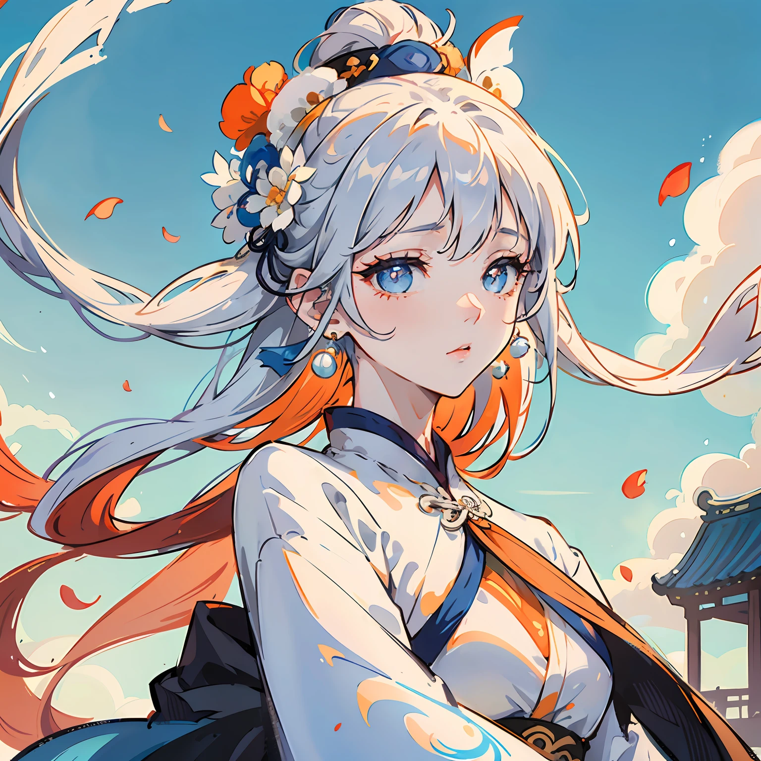 Mature girl, orange pupils, blue-white hair color, floating hair, delicate and flexible eyes, intricate damask Hanfu, gorgeous accessories, wearing pearl earrings, fov, f/1.8, masterpiece, ancient Chinese architecture, blue sky, flower petals flying, front portrait shot, Chang'e, side light, sunlight shining on people, 8K --auto