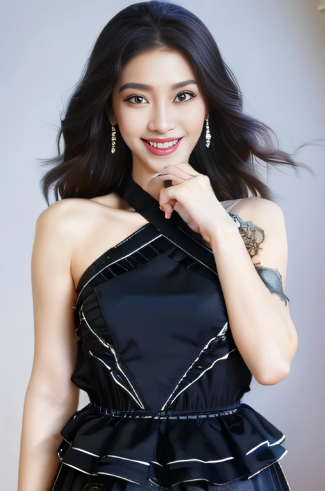 a close up of a woman in a black dress posing for a picture, full-body xianxia, wenfei ye, xision wu, Xianxia, xintong chen, Li Zixin, ruan jia beautiful!, Yun Ling, chengyou liu, dilraba dilmurat, Lin Qifeng, Li Bingbing, Yang Qi, inspired by Xie Sun，4k画质，Ultra HD face detail，Textured skin，HighestQuali，Vertical painting shadows，atmospheric distance sense，Smile confidently，Star temperament --auto