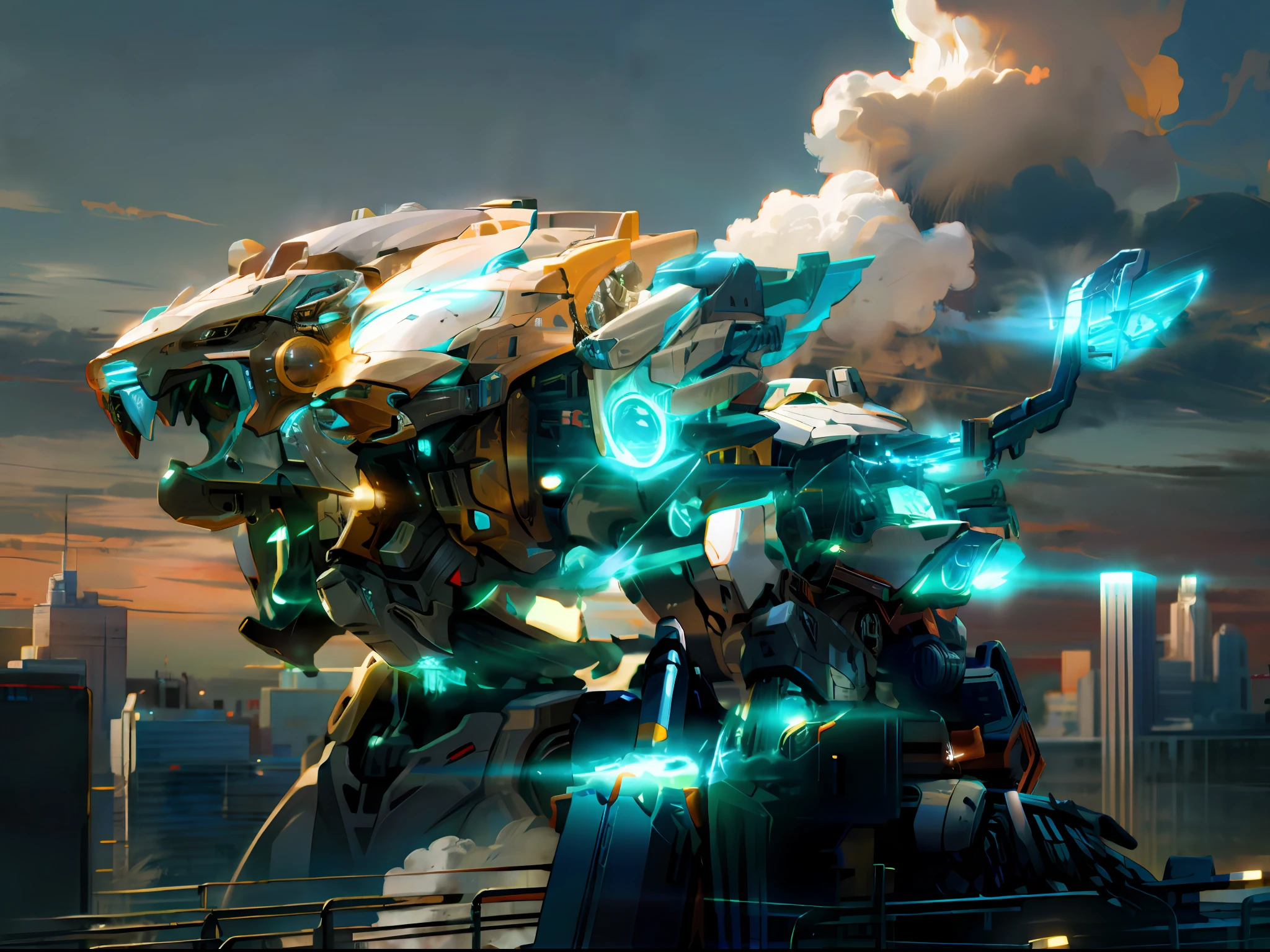 sky, cloud, holding_weapon, no_humans, glowing, , robot, building, glowing_eyes, mecha, science_fiction, city, realistic,mecha
