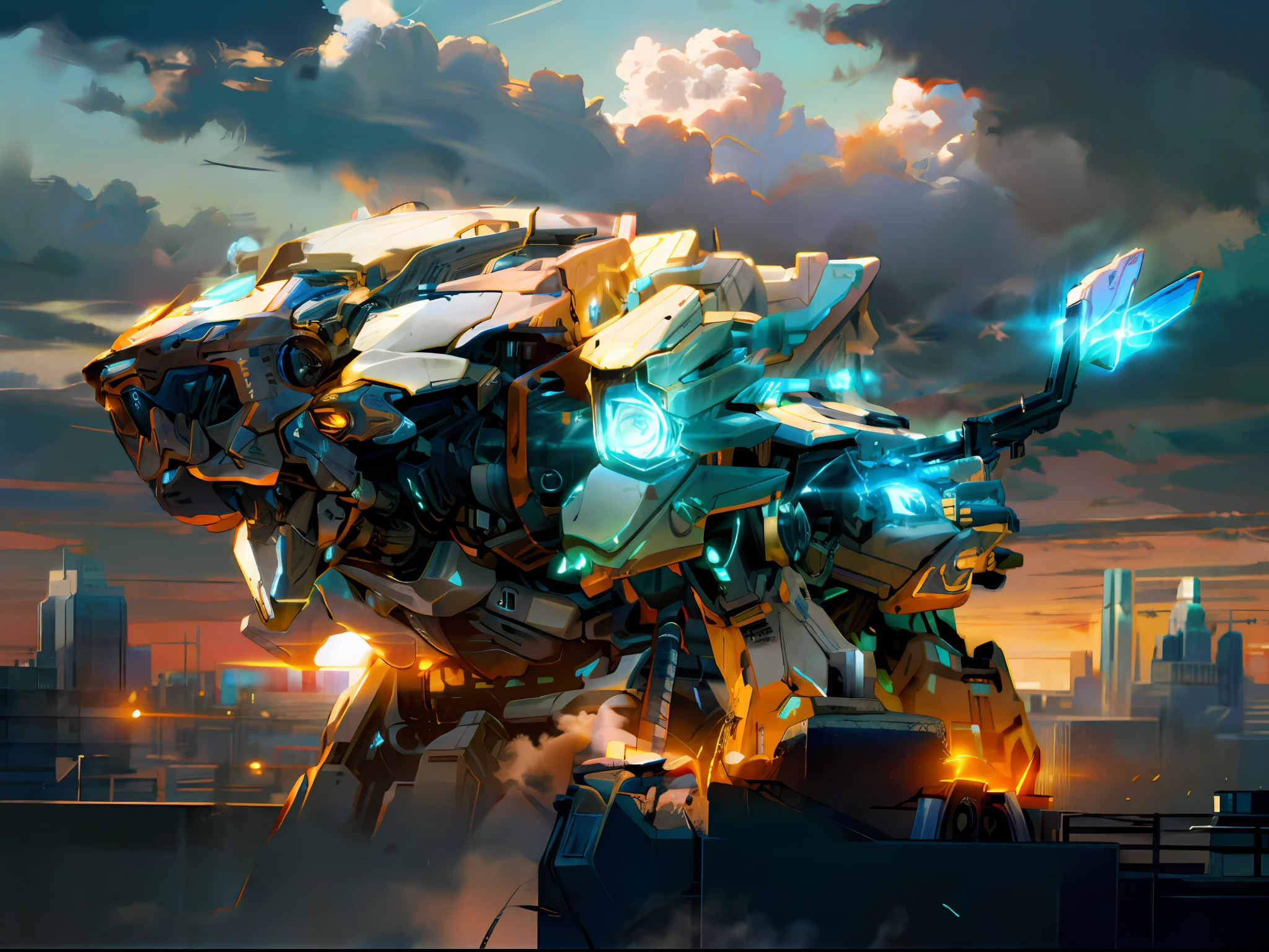 sky, cloud, holding_weapon, no_humans, glowing, , robot, building, glowing_eyes, mecha, science_fiction, city, realistic,mecha