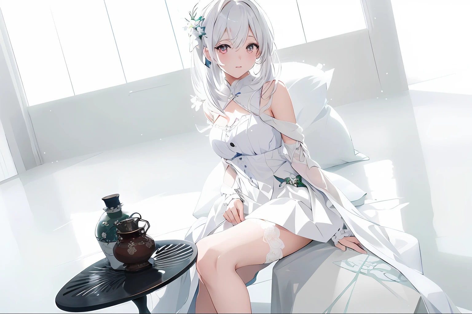 anime girl with white hair and white dress sitting on a tea table,indoor,window in background with flower, digital art on pixiv, anime art wallpaper 8 k, a beautiful artwork illustration, beautiful anime artwork, beautiful anime art, digital anime art, guweiz on pixiv artstation, anime art wallpaper 4 k, artwork in the style of guweiz, anime art wallpaper 4k