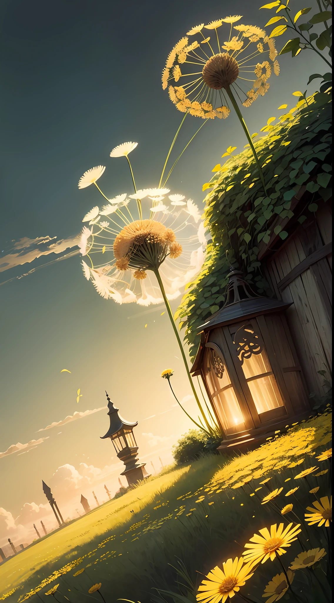 On a golden afternoon, a solitary dandelion blooms in an enchanted garden. Its seeds, about to take flight, represent the promise of a new beginning. The surrounding vegetation seems to bow in reverence, creating a serene and inspiring atmosphere. The contrast between the bright yellow petals and the vivid green surroundings enhances the ephemeral beauty of nature and the hope it carries. --auto