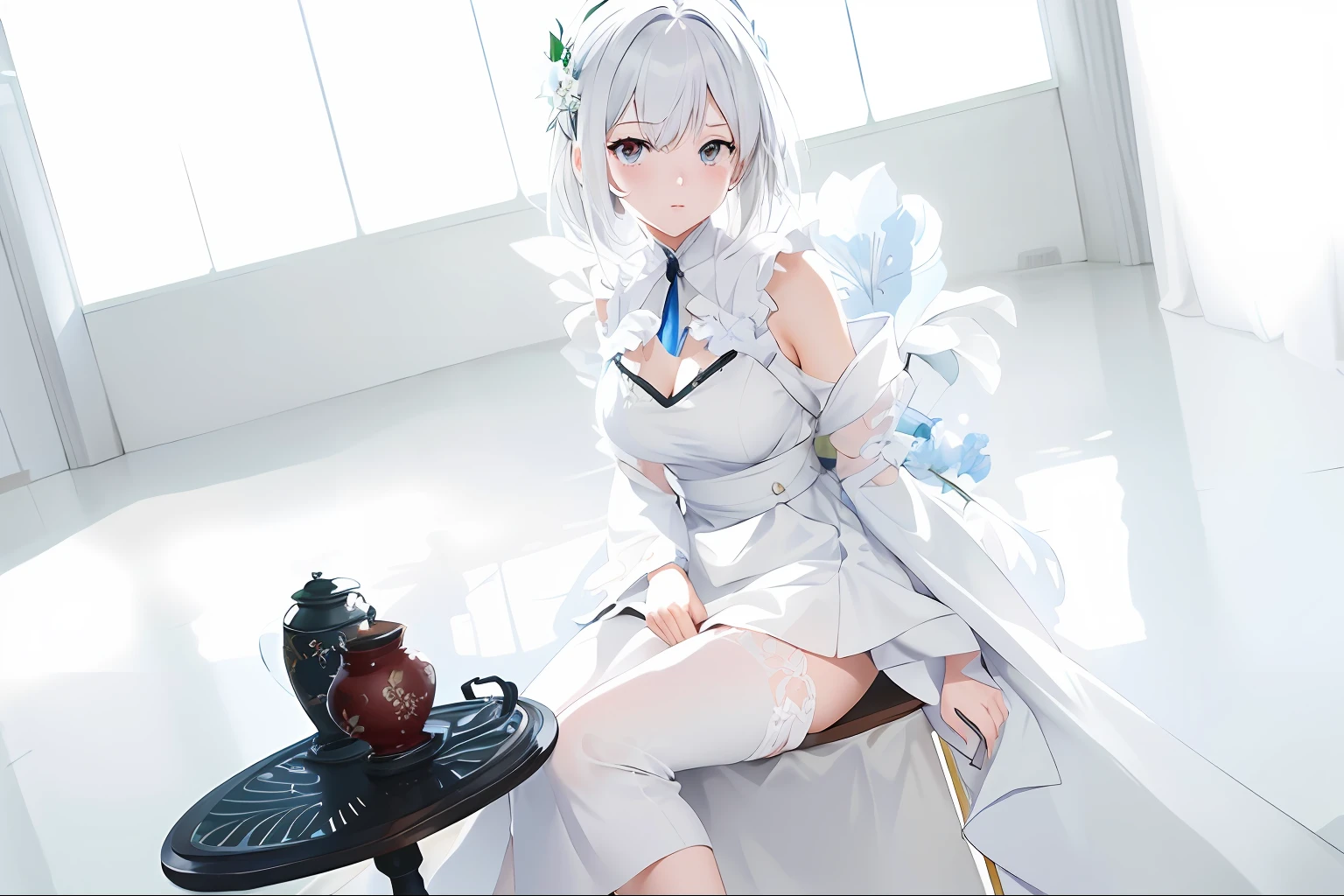 anime girl with white hair and white dress sitting on a tea table,indoor,window in background with flower, digital art on pixiv, anime art wallpaper 8 k, a beautiful artwork illustration, beautiful anime artwork, beautiful anime art, digital anime art, guweiz on pixiv artstation, anime art wallpaper 4 k, artwork in the style of guweiz, anime art wallpaper 4k