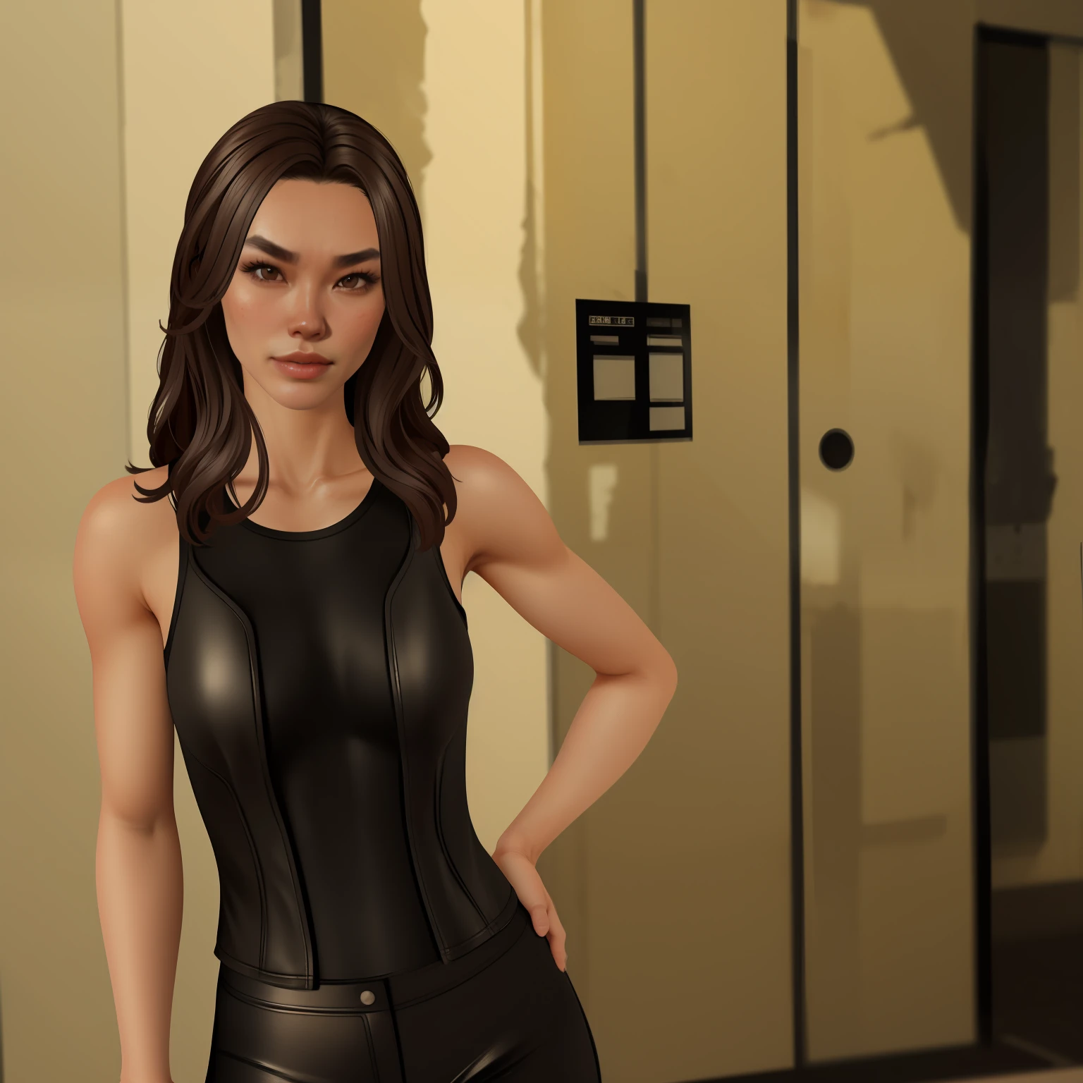 Half-body photo of a slim Asian model girl, with brown eyes, wearing a tank top shirt, photorealistic, high contrast, 8k HD, detailed, hyper-detailed, realistic skin texture, best quality, ultra high res, raw photo, dramatic lighting, unreal engine