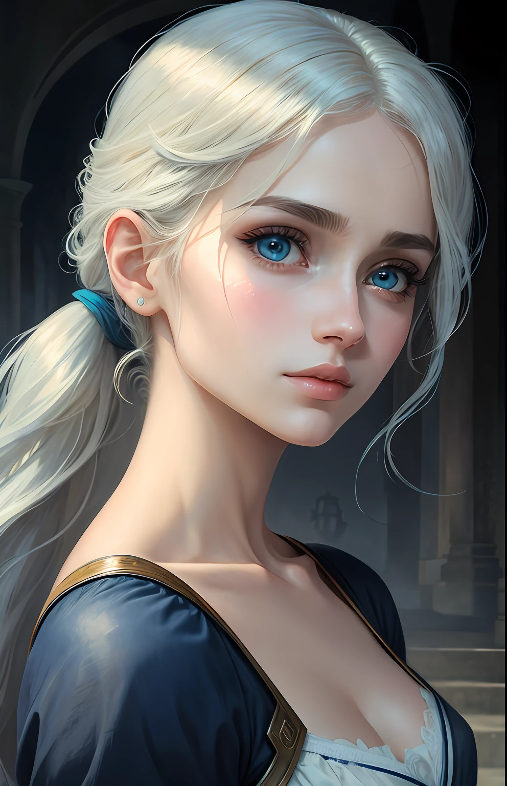 animesque、One Person17Beautiful woman of age、Moisturized eyes、ciri、a picture、androgynous hunnuman、oval jaw、Delicate features、beautiful expression、The hair、Long bangs、long pony tail、Blue eyes with a beautiful glow、LDS Art