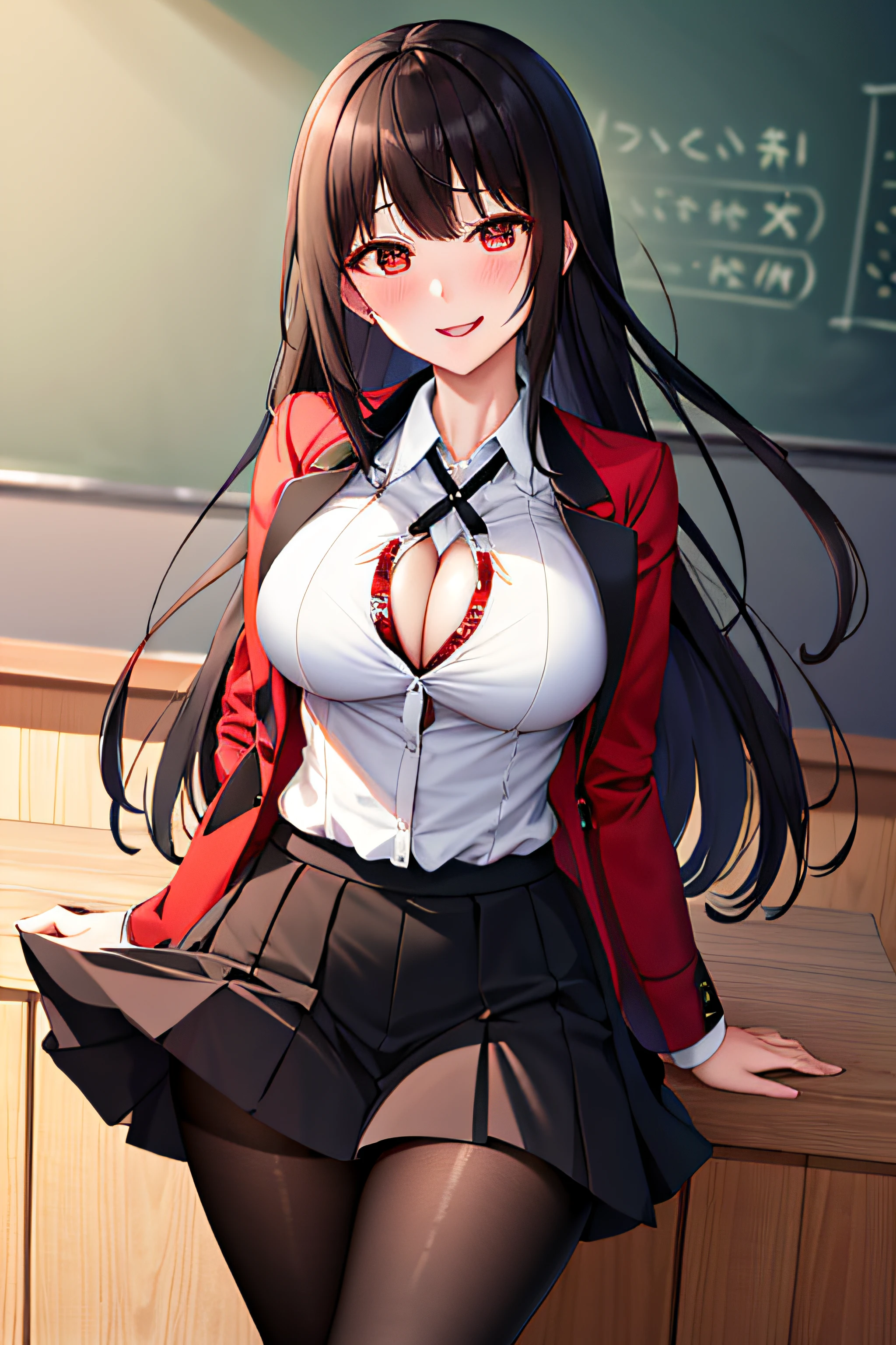 ​masterpiece, top-quality, hight resolution, HMJY1, length hair, Dark hair、bluntbangs, 校服, a red jacket, Black pantyhose, white  shirt, a black ribbon, pleatedskirt, long-sleeve, cowboy  shot, radiant eyes, red blush, evil smile, ‎Classroom,  cleavage of the breast、With his legs wide open、Open your crotch、Cleft in the crotch、stick your tongue forward、Flip up the skirt to show the pants、cum on、ecstacy