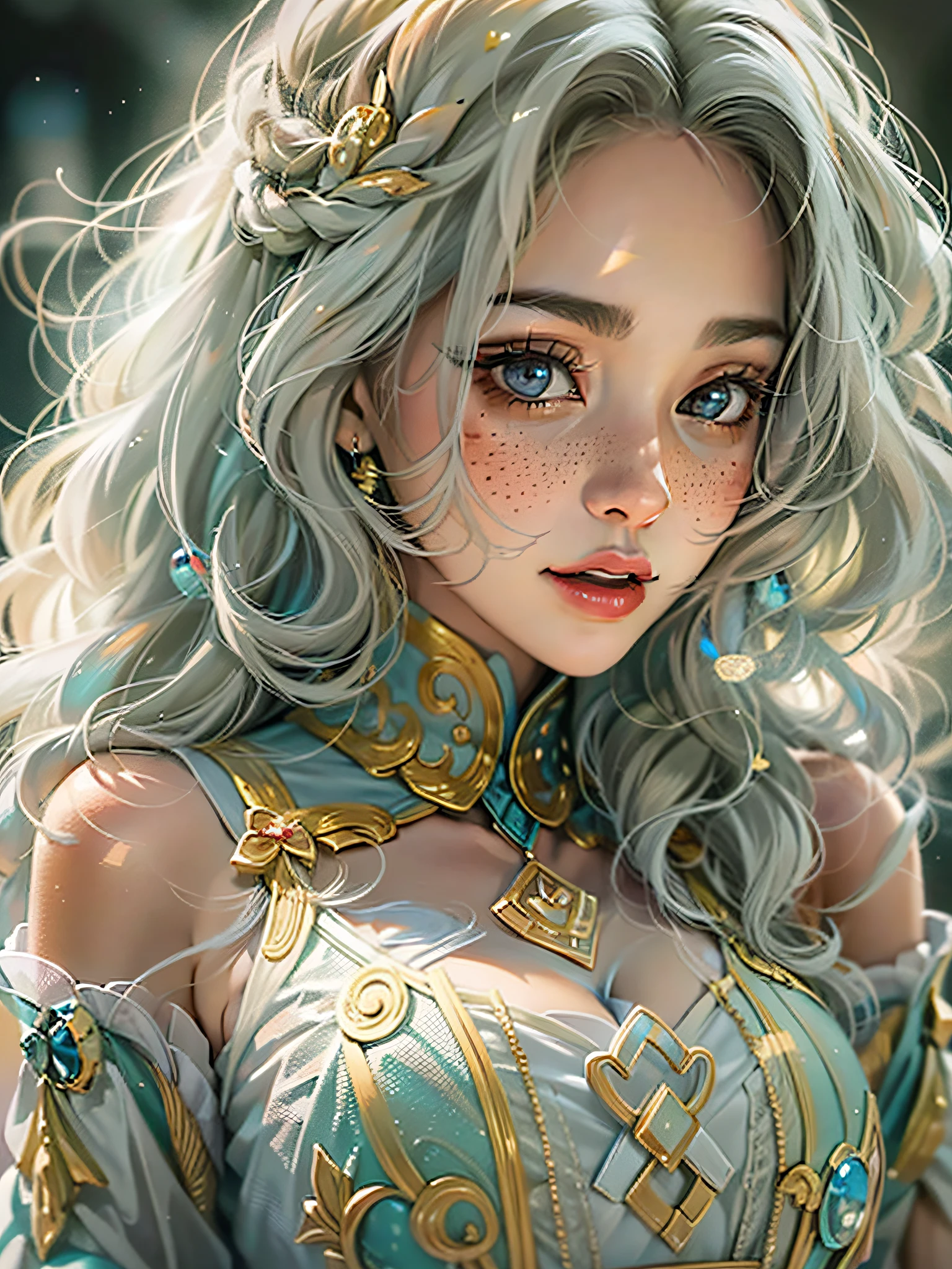 （（ultra - detailed）），（（eyes with brightness）），（Detailed eyes），8k，winking，（（Realistic skin）），（（Focus detail 2 straps on the shoulders of the clothes）），（（Shiny facial skin）），Colorful hair and colorful dresses，Rosla's soft vibrancy，Ross La cartoon is vibrant，Style anime 8k，beautiful portraits，Art germ， Beautiful girl，Little freckles makeup girl， Style digital art， Art Wallpaper 8k， number art， extremely detailed art germ，
