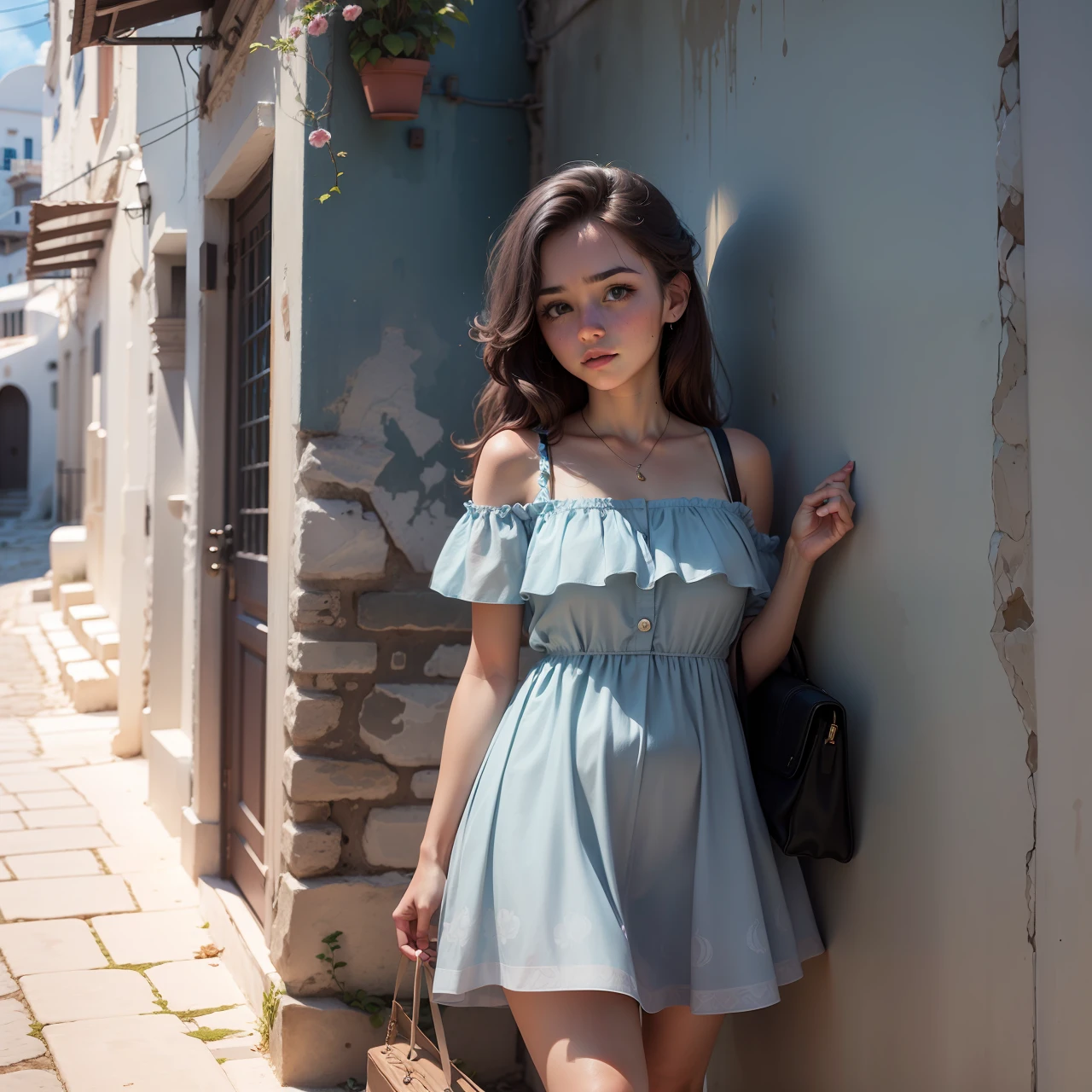Cute girl, in cute summer dress, Greece house, blue pattern on walls, intricate, detailed, cinematic, 4k