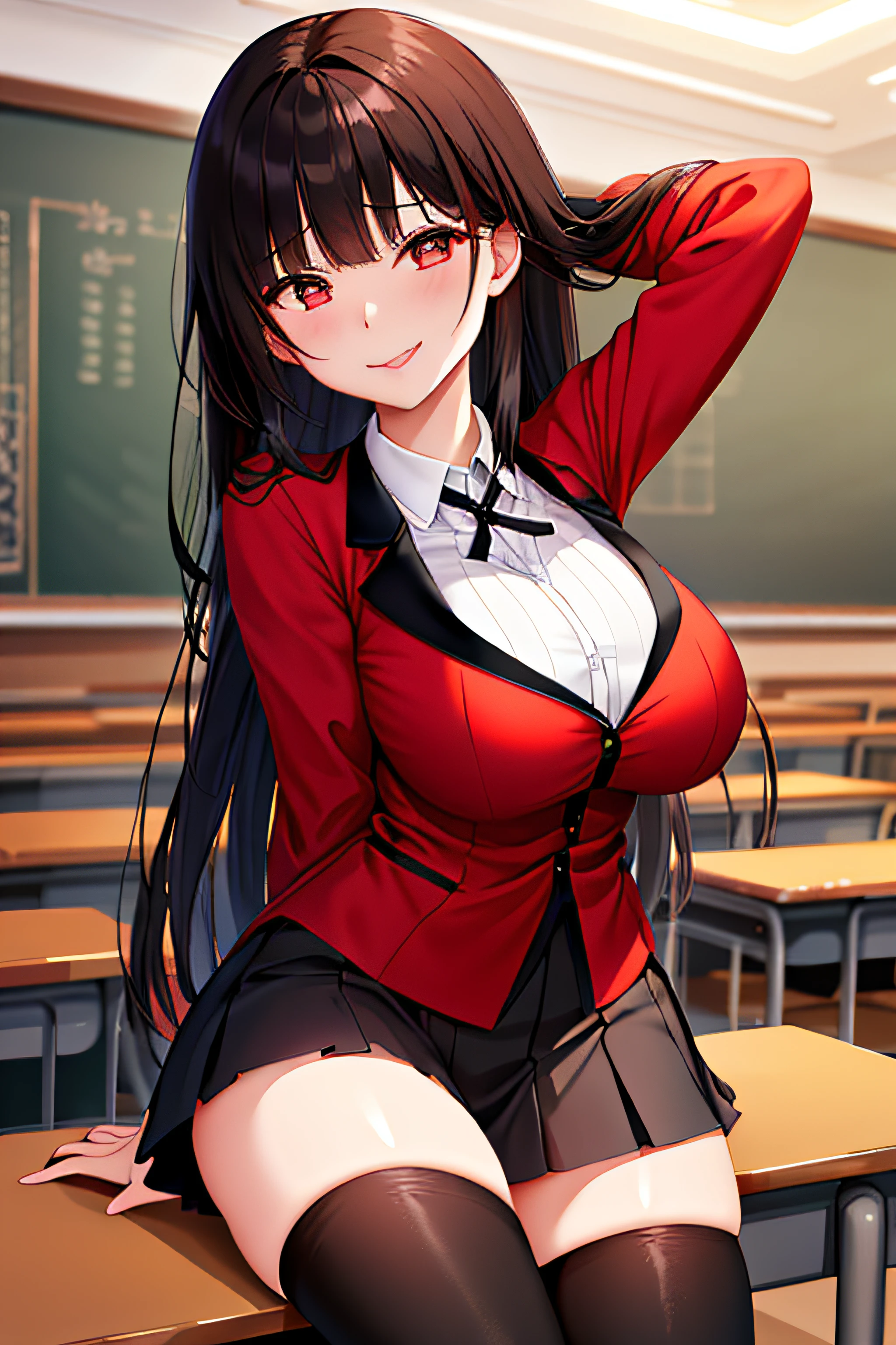 ​masterpiece, top-quality, hight resolution, HMJY1, length hair, Dark hair、bluntbangs, 校服, a red jacket, Black pantyhose, white  shirt, a black ribbon, pleatedskirt, long-sleeve, cowboy  shot, radiant eyes, red blush, evil smile, ‎Classroom,  cleavage of the breast、With his legs wide open、Open your crotch、Cleft in the crotch、stick your tongue forward、Flip up the skirt to show the pants、cum on、ecstacy