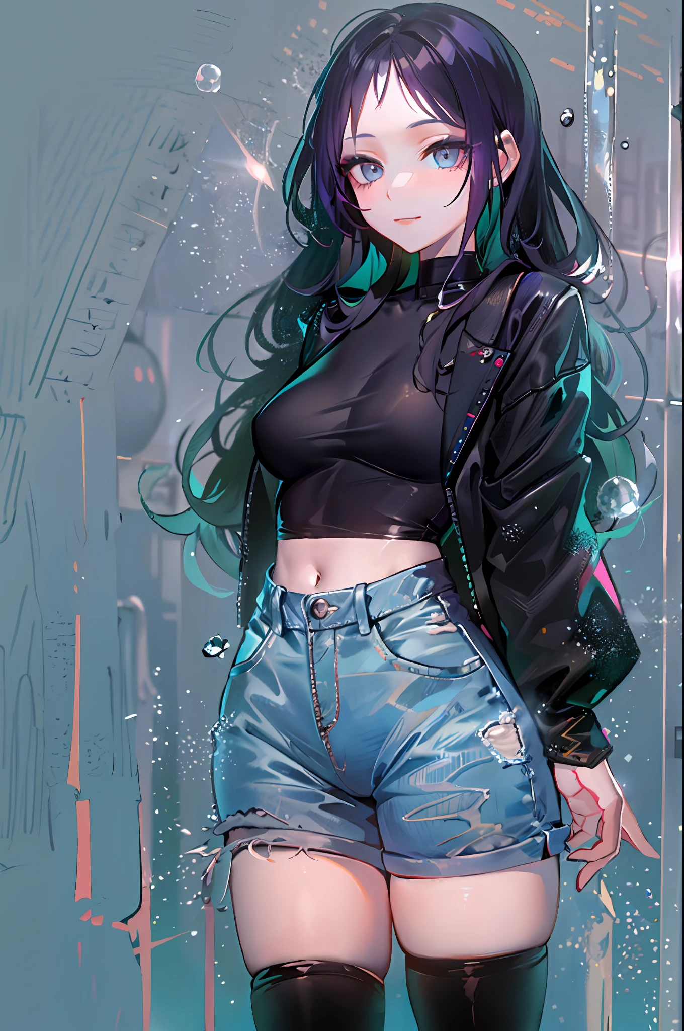 ((top-quality)), ((masterpiece)), ((ultra-detailliert)), (extremely delicate and beautiful), girl with, 独奏, cold attitude,((Black jacket)),She is very(relax)with the(Settled down)Looks,A dark-haired, depth of fields,evil smile,Bubble, under the water, Air bubble,bright light blue eyes,Inner color with black hair and light blue tips,Cold background,Bob Hair - Linear Art, shortpants、knee high socks、Camisole inner shirt
