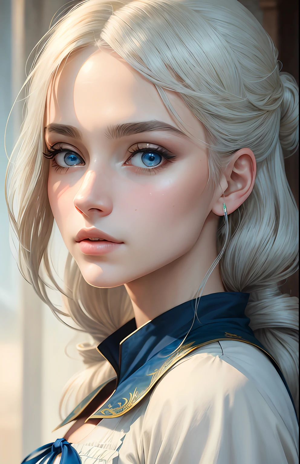animesque、One Person17Beautiful woman of age、Moisturized eyes、ciri、a picture、androgynous hunnuman、oval jaw、Delicate features、beautiful expression、The hair、Long bangs、long pony tail、Blue eyes with a beautiful glow、LDS Art