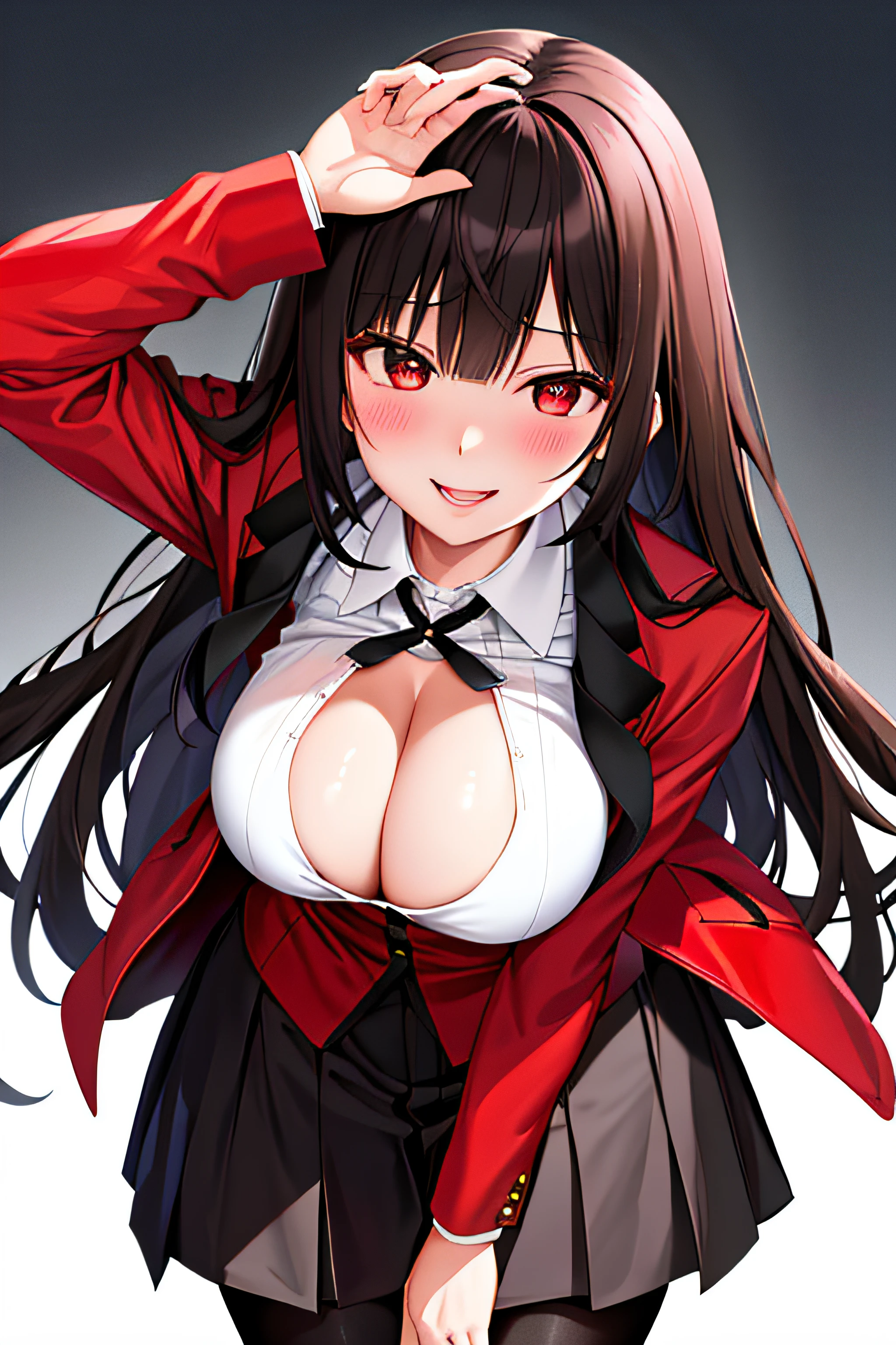 ​masterpiece, top-quality, hight resolution, HMJY1, length hair, Dark hair、bluntbangs, 校服, a red jacket, Black pantyhose, white  shirt, a black ribbon, pleatedskirt, long-sleeve, cowboy  shot, radiant eyes, red blush, evil smile, ‎Classroom,  cleavage of the breast、With his legs wide open、Open your crotch、Cleft in the crotch、stick your tongue forward、Flip up the skirt to show the pants、cum on、ecstacy