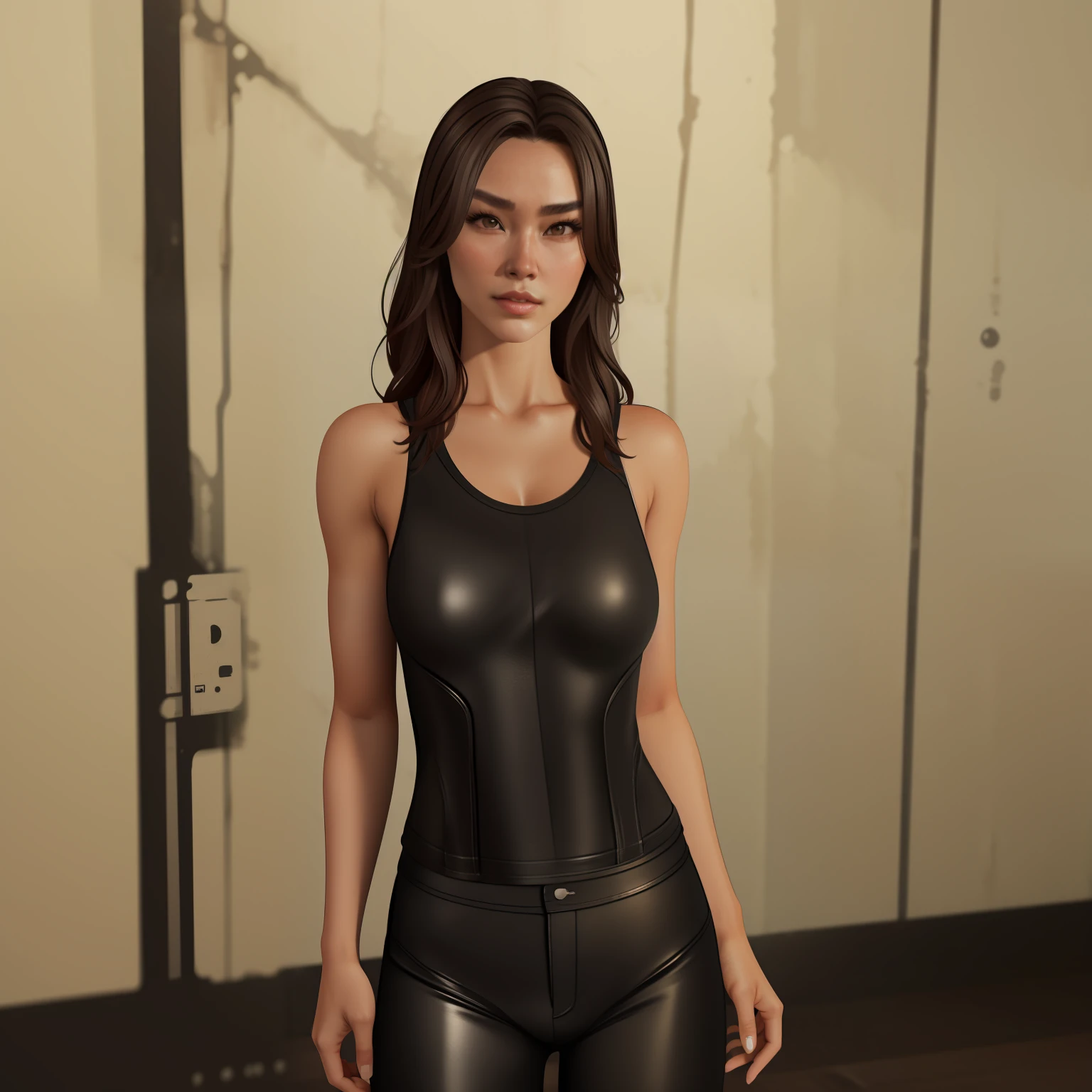 Half-body photo of a slim Asian model girl, with brown eyes, wearing a tank top shirt, photorealistic, high contrast, 8k HD, detailed, hyper-detailed, realistic skin texture, best quality, ultra high res, raw photo, dramatic lighting, unreal engine