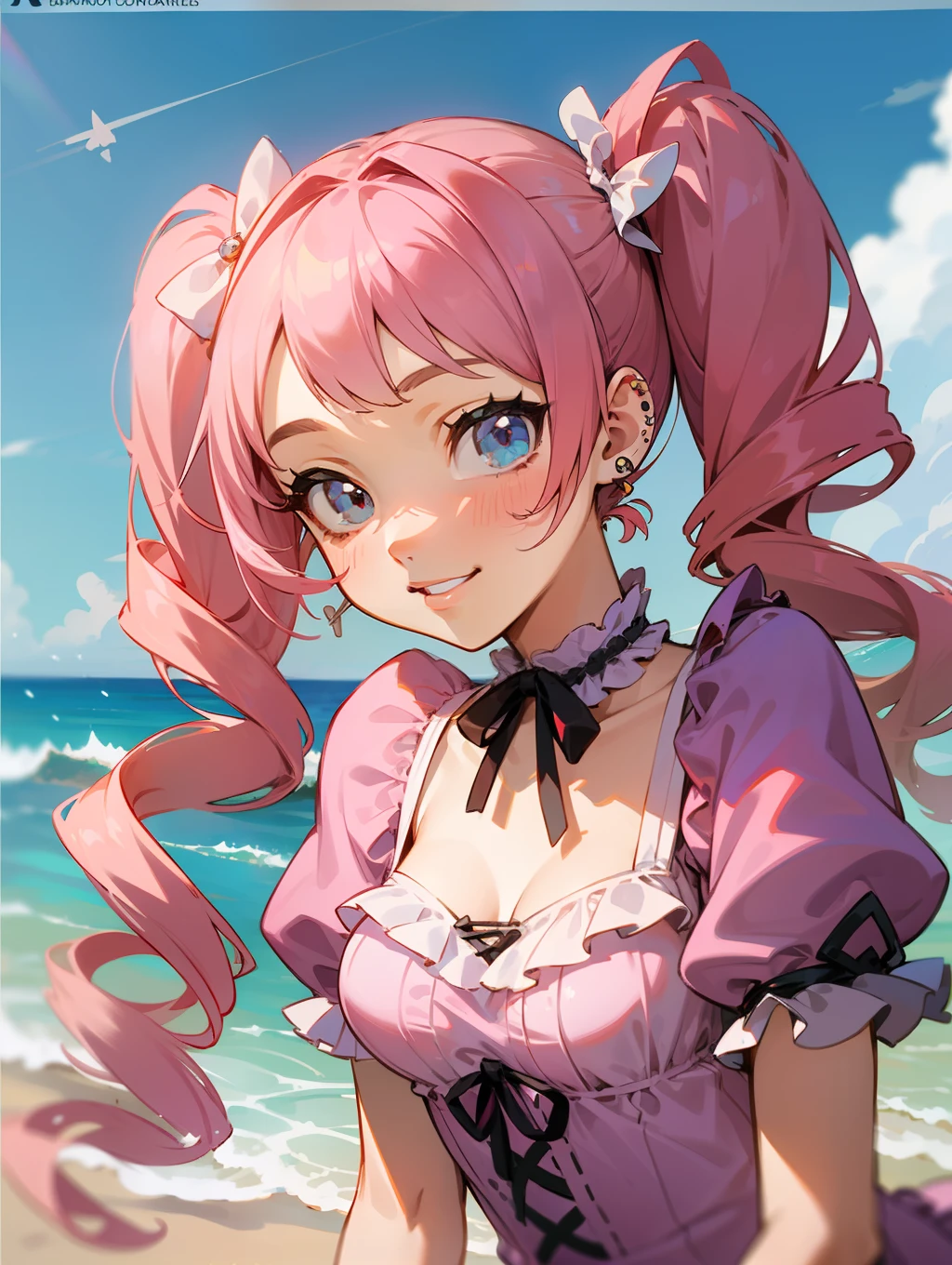 masutepiece, hyper quality, Hyper Detailed, Perfect drawing,Hi-Res、1girll,ssmile、Loose and fluffy hair、(((drills twintails)))、A pink-haired、Big eyes with double eyelids、lofty nose、blusher(0.2)、small mouth、ear piercings、(((Lolita Fashion)))、Swimwear with lots of lace and frills、Swimwear in pastel colors、White or pink clothes、Premium Services、、blue-sky、Summer colors、Sunlight、shores、White sandy beach、Shooting from diagonally below,  portlate、beatiful backgrounds, meticulous drawing, Accurate drawing、Perfect illustration、Perfect Beautiful Girl、high-class sense、