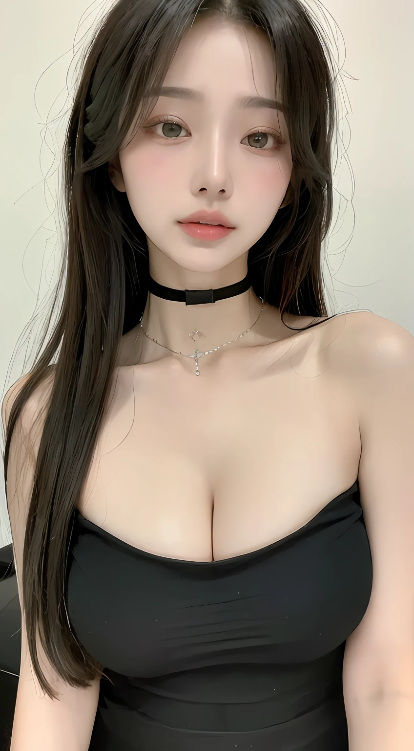 perfect figure beautiful woman：1.4，Layered Hair Style，Protruding cleavage：1.2，Transparent bandeau：1.5，Highly Detailed Face and Skin Textur，二重まぶた，Whiten the skin，long whitr hair，choker necklace