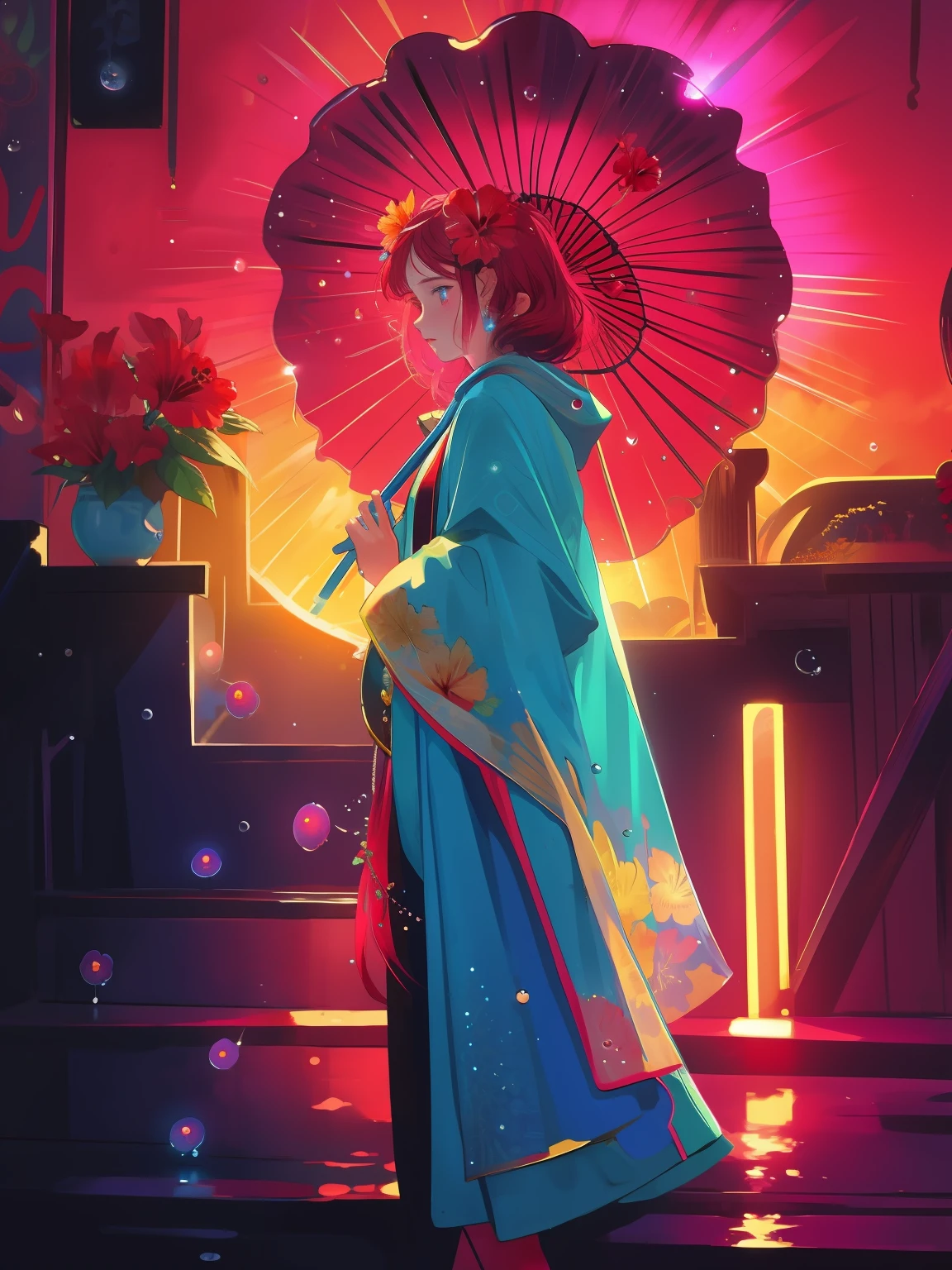 hibiscus Moon with water drops,neon glow, random background, sun rise, bokha mood