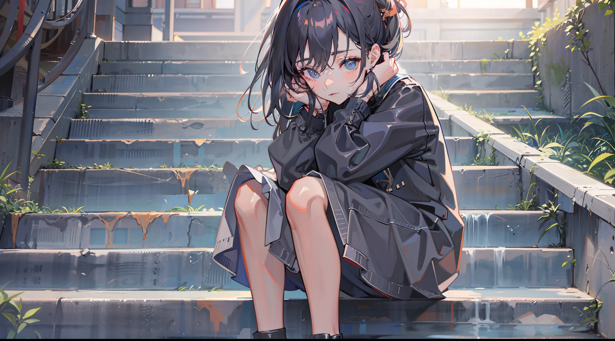 Anime girl sitting on stairs with hands on her face, artwork in the style of guweiz, anime style 4 k, guweiz, realistic anime 3 d style, High quality anime art style, Smooth Anime CG Art, the anime girl is crouching, guweiz on pixiv artstation, Realistic anime art style、Woman sitting on chair in black top and jeans, Baggy pants, dressed with long fluent clothes, wearing a long flowy fabric, casual clothing style、 wearing a baggy, multilayered outfit, Silver and muted colors, Relaxed style, grey Clothes, Pants, baggy, Gray skin. grunge, Styling、Ruins、Buildings eroded by vegetation,hi-school girl、military outfits, guweiz and makoto shinkai, realistic anime 3 d style, Kyoto Animation Style、Blue tie