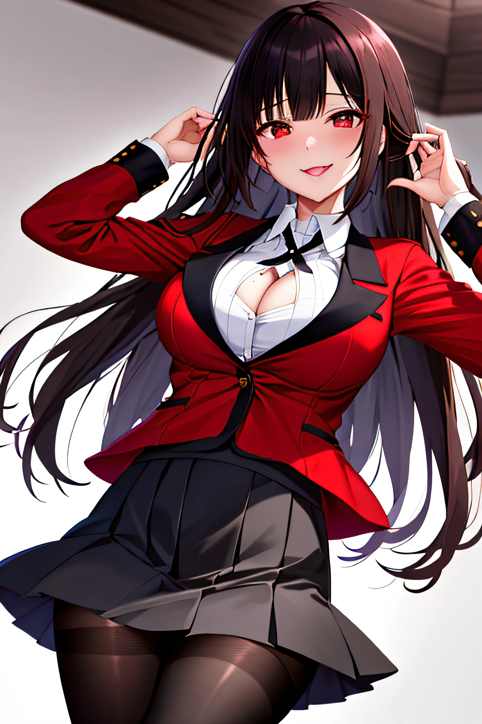masterpiece, top-quality, hight resolution, HMJY1, length hair, Dark hair、bluntbangs, 校服, a red jacket, Black pantyhose, white shirt, a black ribbon, pleatedskirt, long-sleeve, cowboy shot, radiant eyes, red blush, evil smile, Classroom, cleavage of the breast、With his legs wide open、Open your crotch、Cleft in the crotch、stick your tongue forward、Flip up the skirt to show the pants、cum on、ecstacy、The shirt is unbuttoned、drooling