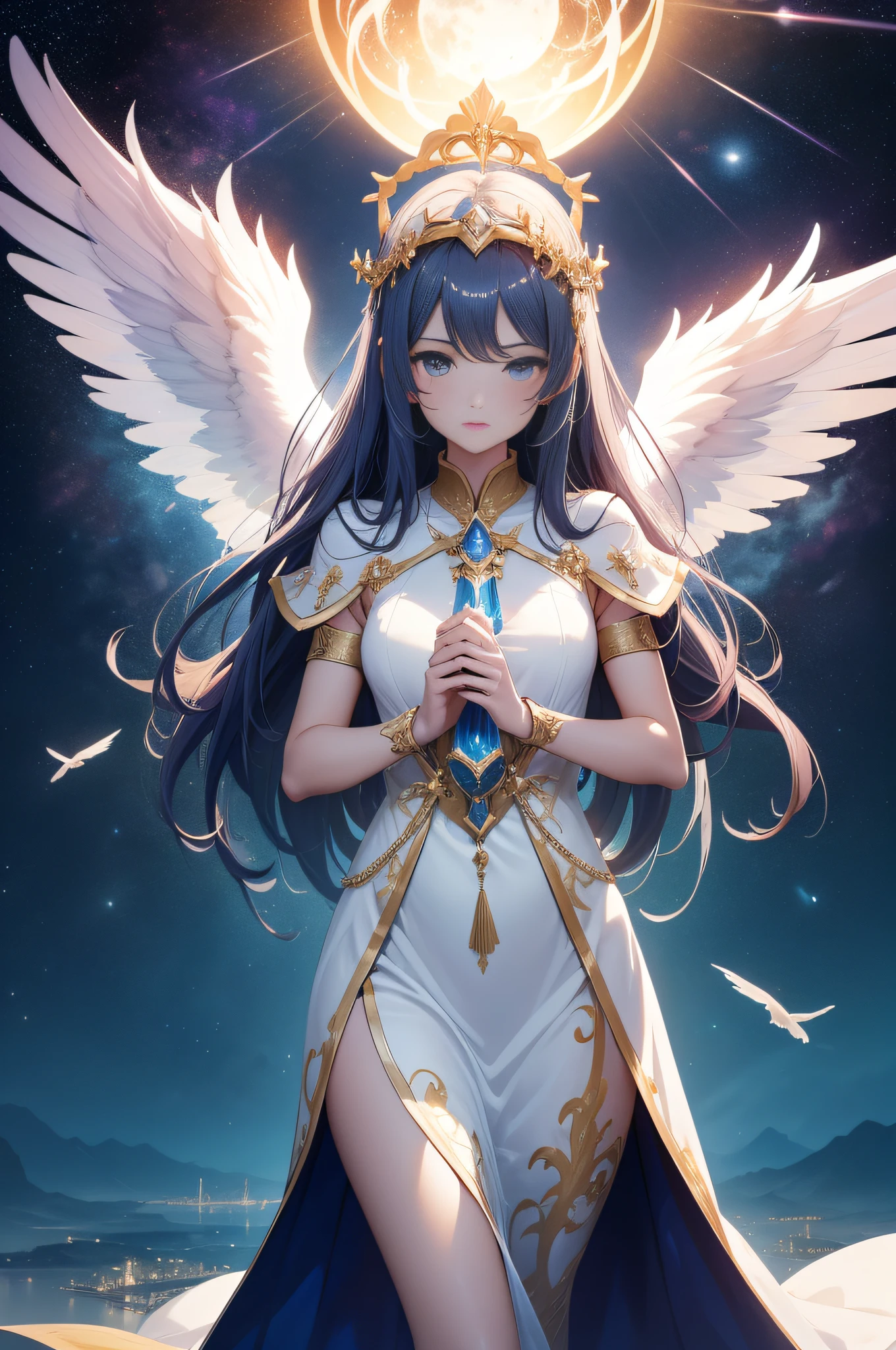 (Best Quality:1.5), (Exquisite CG), (High resolution:1.5)、The angels of heaven are descending beautifully and meticulously。Heavenly background、Delicate and elegant scenes unfold.、Little stars in space々Shines brightly。Light is mysterious,、It exudes an all-encompassing mystical atmosphere.。

In the sky, Legions of angels are dancing with their wings spread.、The figure is beautiful and spectacular。They are twinkling stars々Dancing Between、It colors the heavenly scene。

At the head of the legion of angels、The brilliant Queen of Heaven stands。She is enveloped in elegant beauty、I hold the rod of heaven in my hands。The staff symbolizes the power of God.、Shows the authority and superiority of the Queen of Heaven。

The angels followed the instructions of the Queen of Heaven.、We are descending to earth to spread the power of good.。Their beautiful plumage or bright shine is、To us、There is a mission to bring hope and happiness to all beings.。

This scene is meticulously described.、The sacred space is、Inspires deep emotions and respect in the viewer.。Heavenly beauty and mysterious atmosphere、It will bring peace and joy to the heart.。