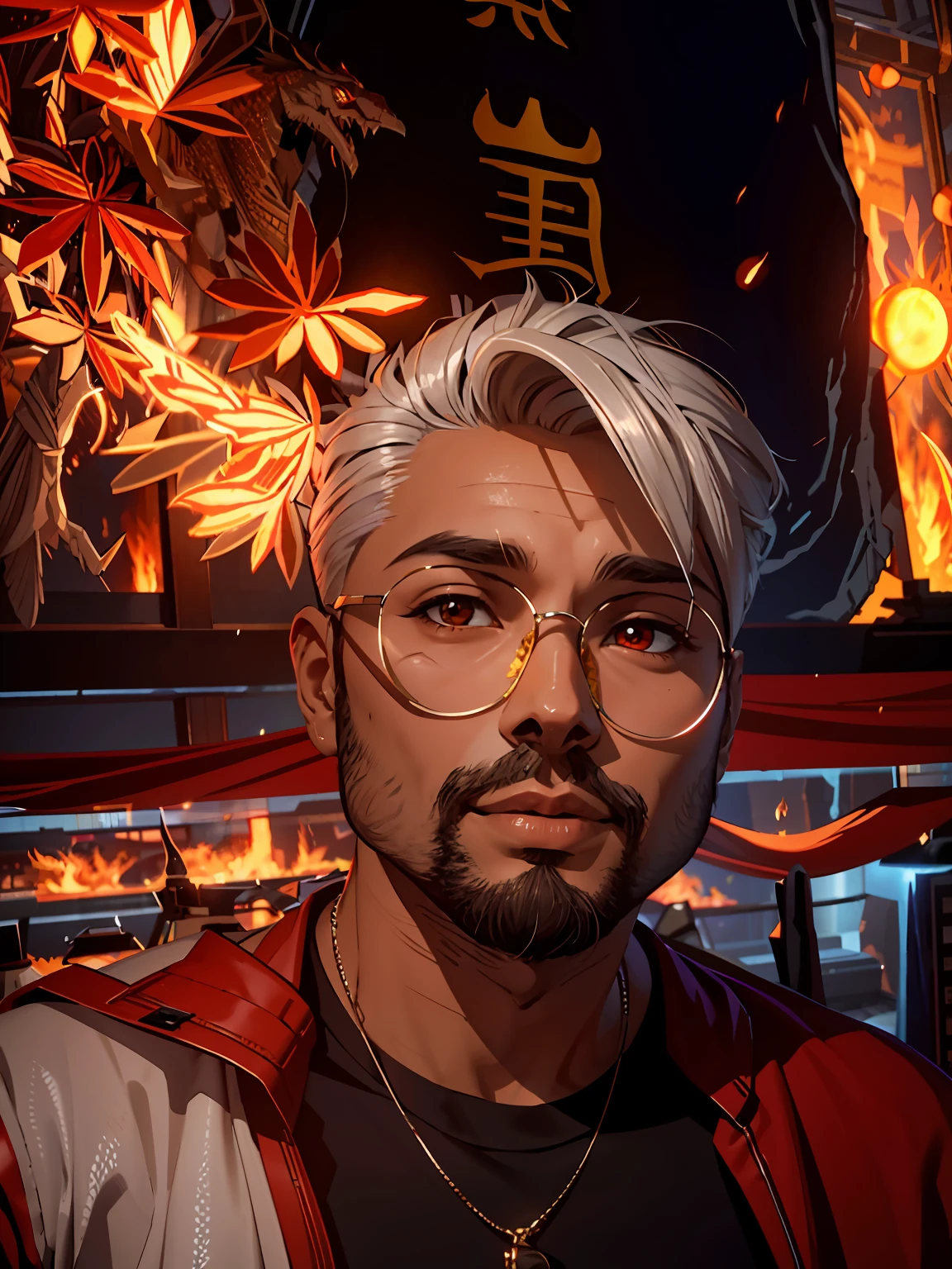 (tmasterpiece), (high high quality), man in his 20s, (s the perfect face), Contoured chin, belo sorriso, (Beautiful bright yellow eyes), (Red detailed dragon scales on the skin:1.2), (Red scaly dragon armor:1.2), (Raised sexy), (Long flowing silver hair), There are 2 symmetrical short, sharp gazelle horns on the forehead, (perfect hand), Blazing flames emanated from the hand, (Dark flame background), (Medium photo), (looking at viewert), (Popular on artstation,Popular on CGsociety),(By Artgerm),(by Beln Ortega),(由Dan Mora),(由Terry Dodson),rendering by octane,unreal-engine,Model shooting style,Photorealsitic