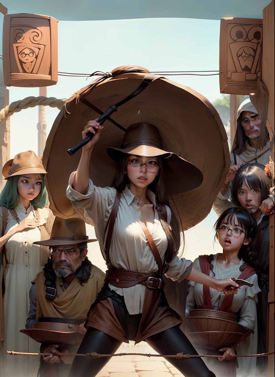 Girl in the center、The girl in the center has a whip and has long hair、On the upper right is an uncle wearing glasses、Girl in the center right、Man in the lower right、Woman in the upper left、Uncle in the lower left、The background is Indiana Jones style、 --auto
