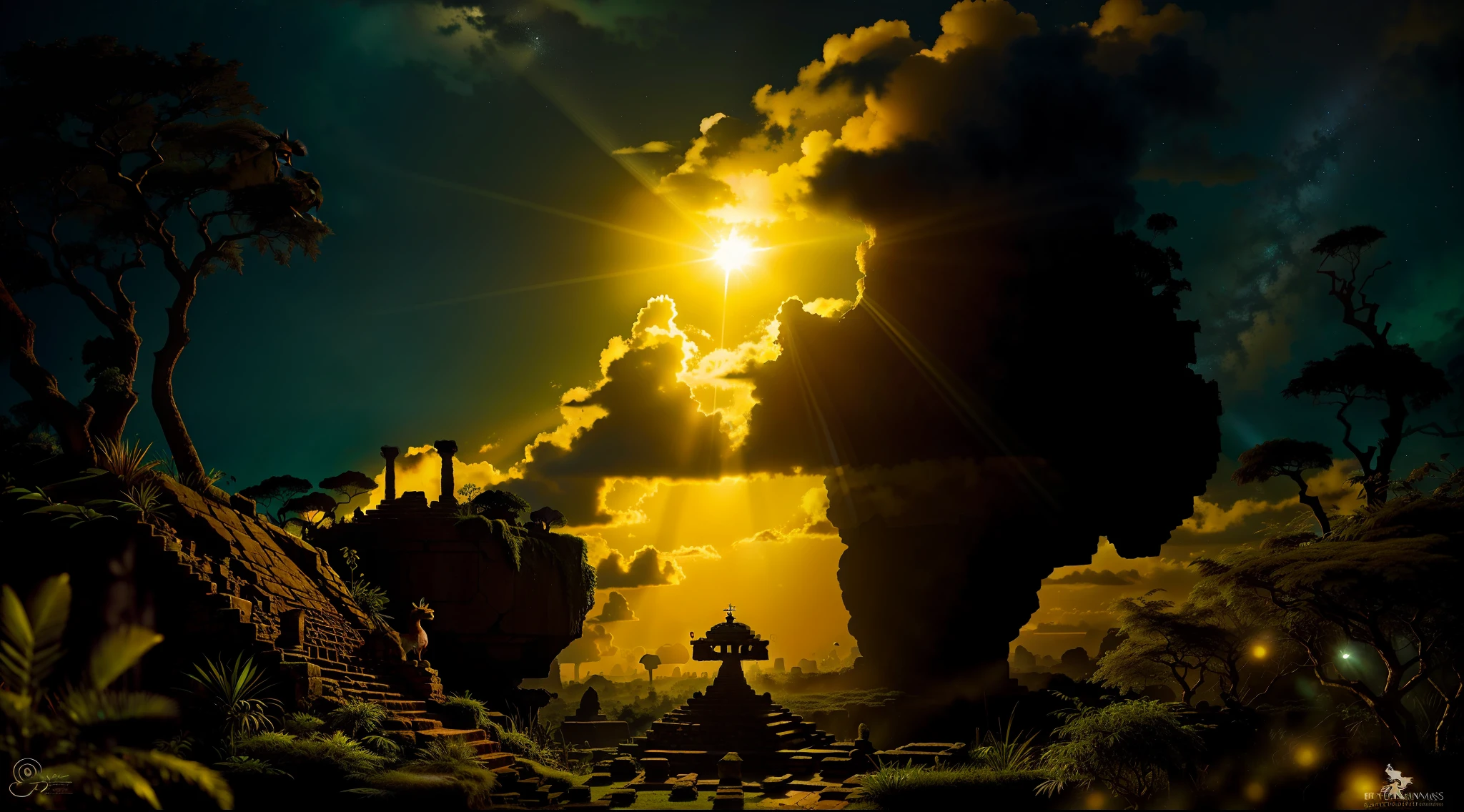Ruins of an ancestral temple in worship of the Lion King, dense vegetation, paisagem de penumbra com clima de terror, raios, eletricidade, whisps, detalhes intrincados, highes definition, trend at Art Station