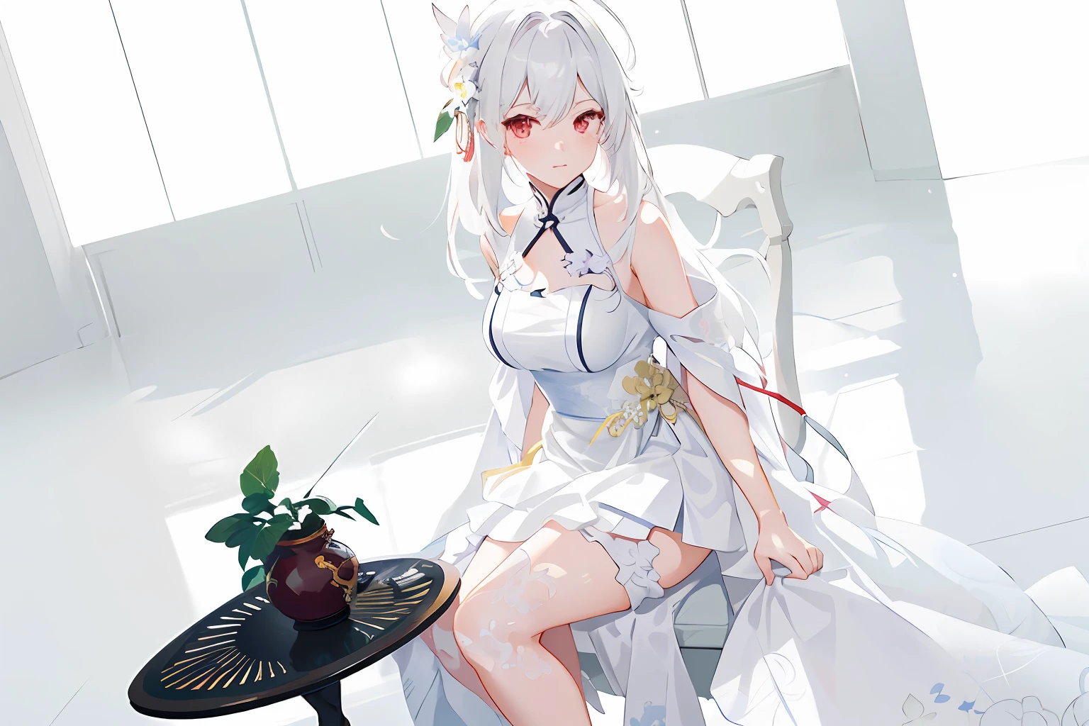 chinese dress,anime girl with white hair and white chinese dress sitting on a tea table,indoor,window in background with flower, digital art on pixiv, anime art wallpaper 8 k, a beautiful artwork illustration, beautiful anime artwork, beautiful anime art, digital anime art, guweiz on pixiv artstation, anime art wallpaper 4 k, artwork in the style of guweiz, anime art wallpaper 4k