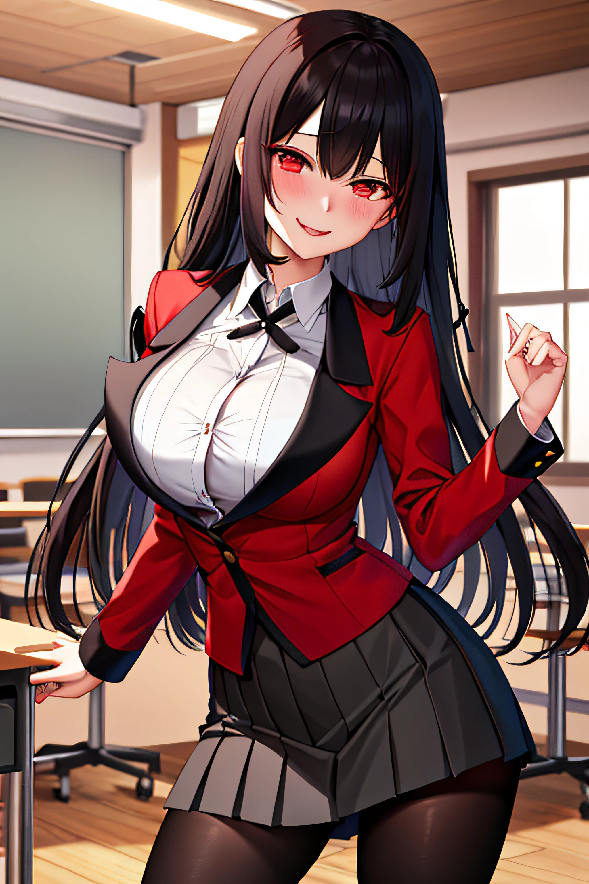 ​masterpiece, top-quality, hight resolution, HMJY1, length hair, Dark hair、bluntbangs, 校服, a red jacket, Black pantyhose, white  shirt, a black ribbon, pleatedskirt, long-sleeve, cowboy  shot, radiant eyes, red blush, evil smile, ‎Classroom,  cleavage of the breast、With his legs wide open、Open your crotch、Cleft in the crotch、stick your tongue forward、Flip up the skirt to show the pants、cum on、ecstacy、The shirt is unbuttoned、drooling