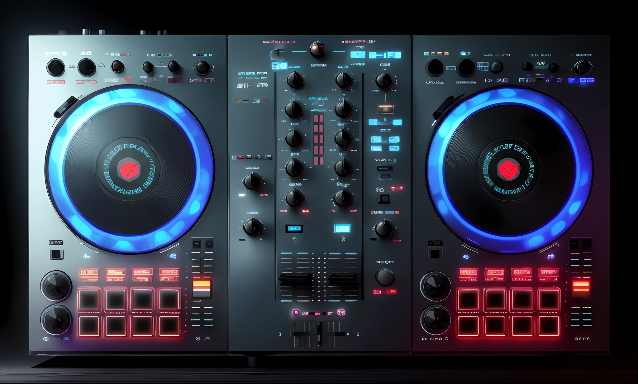um close up de dois decks com um controlador e um controlador, DJ, Mixer DJ, Conjunto de DJ, turntables, DJING com toca-discos DJ, audio equipments, Deck do controlador, Controladores, Carregado, tocando techno house music, Turntablism DJ arranhando, mixer rendering, ELECTRONIC MUSIC, 2 0 0 millimetres, engrenagem, 200mm, 200mm