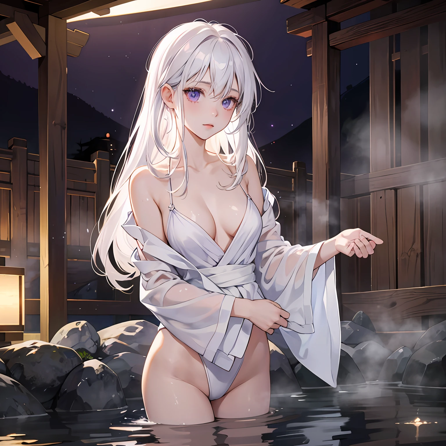 1girll, White hair, Purple eye, sportrait, photorealestic, 比基尼(white colors,Thin and light), (Onsen), side-lighting, the wallpaper, NSFW, --auto