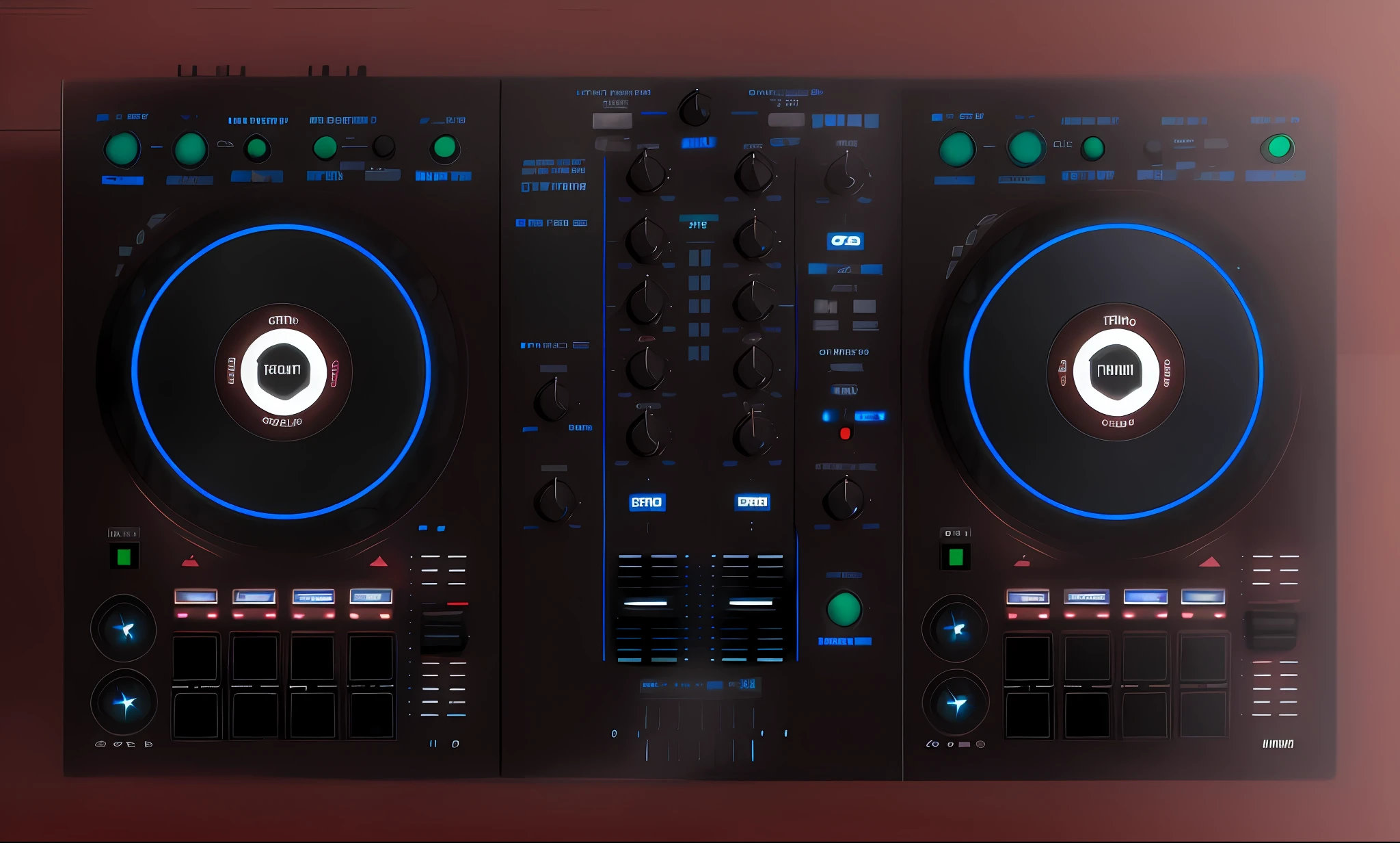 um close up de dois decks com um controlador e um controlador, Mixer DJ, DJ, Conjunto de DJ, turntables, DJING com toca-discos DJ, audio equipments, Deck do controlador, Controladores, Carregado, tocando techno house music, Turntablism DJ arranhando, mixer rendering, ELECTRONIC MUSIC, 200mm, 200mm, 2 0 0 millimetres, engrenagem