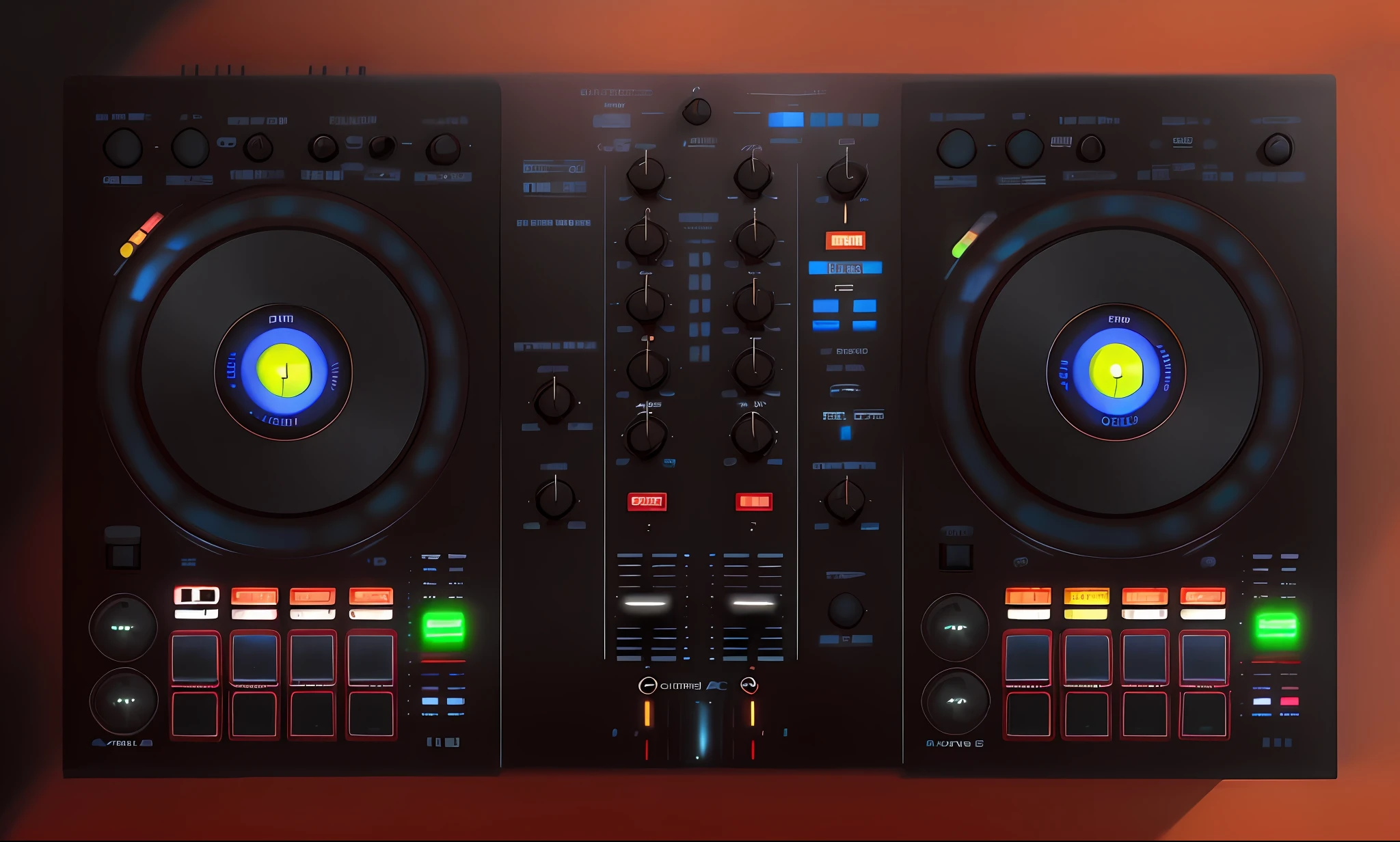 um close up de dois decks com um controlador e um controlador, Mixer DJ, DJ, Conjunto de DJ, turntables, DJING com toca-discos DJ, audio equipments, Deck do controlador, Controladores, Carregado, tocando techno house music, Turntablism DJ arranhando, mixer rendering, ELECTRONIC MUSIC, 200mm, 200mm, 2 0 0 millimetres, engrenagem