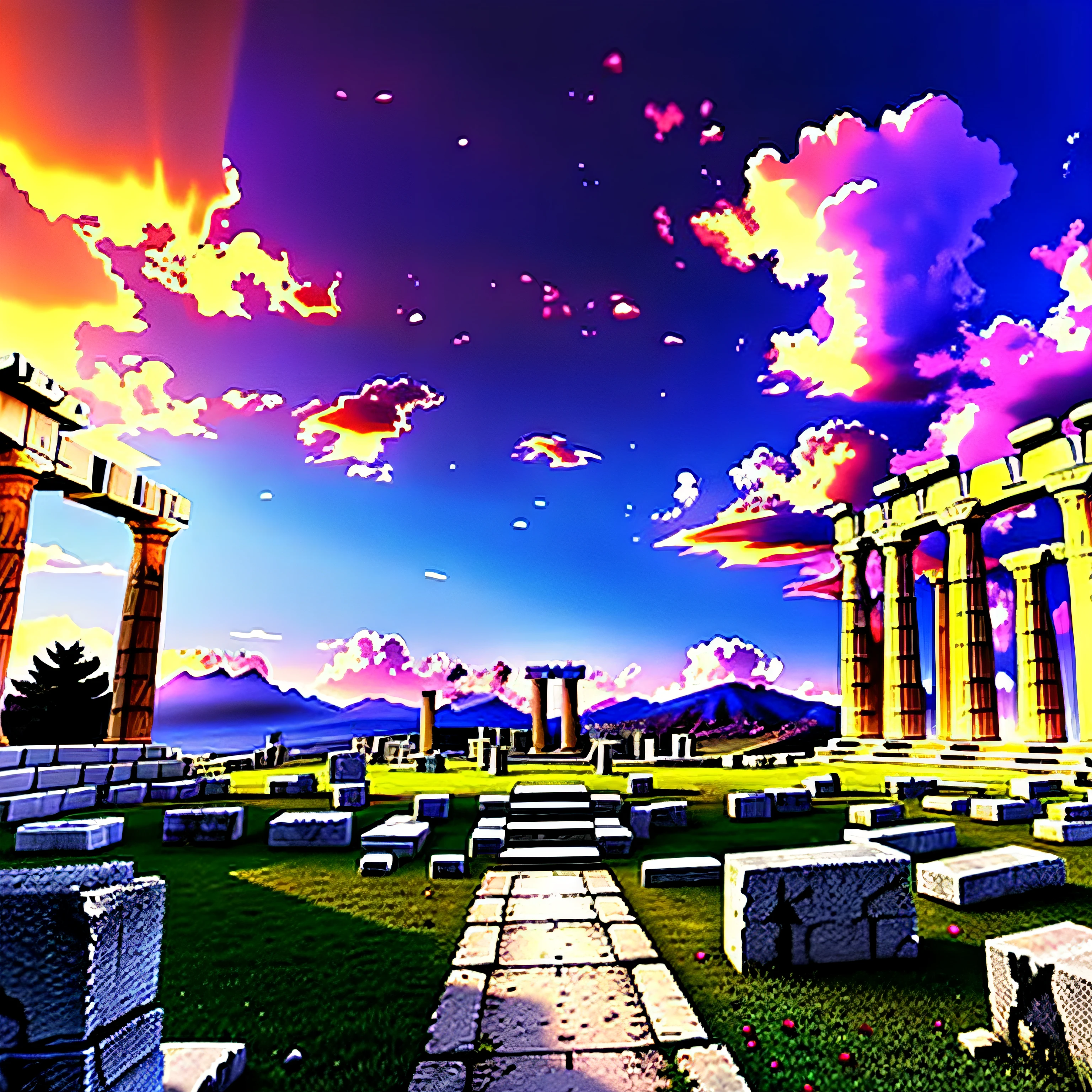 Imagine a scene from the legendary ruins of the Greek temple, do anime cavaleiros do zodico, dramatic sky,  o ar esta vivo e ar cores vibrantes. And creates a high-definition image to be used as a website background