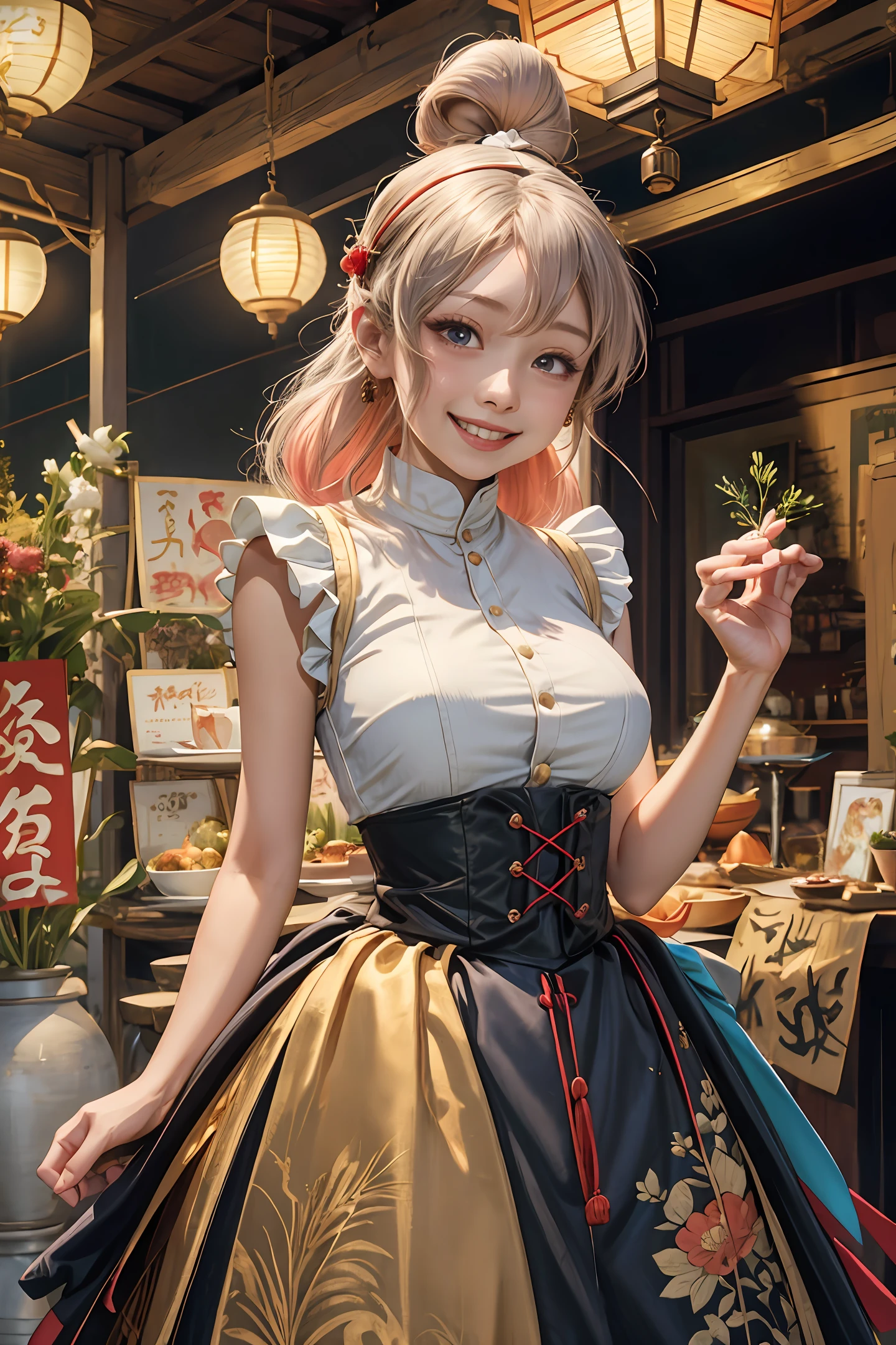 tmasterpiece, 1girll, Solo, whaite hair, underbust, Headgear, Light_Smile, ofuda, Porcelain dress, arms folded, full bodyesbian, exteriors, hanging lantern, natta, Eastern dishes, Covered_Nipples