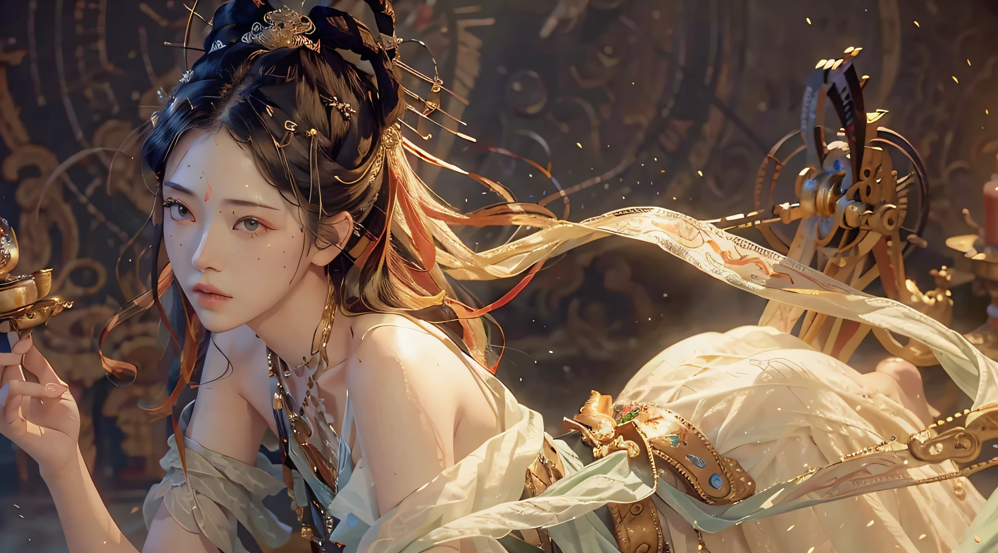 (RAW photos,best qualtiy),(realisticlying,photograph realistic:1.3),best qualtiy,highly detailed,tmasterpiece,hyper-detailing,illustratio,1girll,upper_body,dynamic angle,Masterpiece Theatre of the World,messy_long_hair,best qualtiy,extremely detailed CG unity 8k wal,ink,astounding,cinmatic lighting,lens_flare,,dunhuang_Style white dress