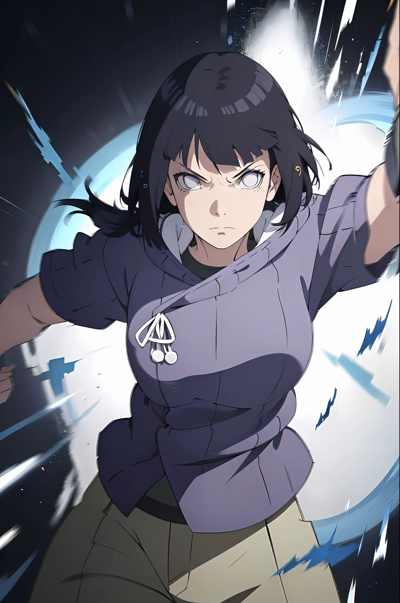 absurdres, (best quality), (masterpiece),(ultra-detailed:1.2),(photorealistic:1.1),(highres),from above,Yin Yang background, ,silhouette ,
1girl,angry,
(motion blur:1.7) ,speed lines ,
hinata\(boruto\), purple hoodie, brown pants, black shirt,glowing eyes,
(wind:1.4),(swirling:1.3) (,blue fire:1.3),(burning hands:1.1),
fire,