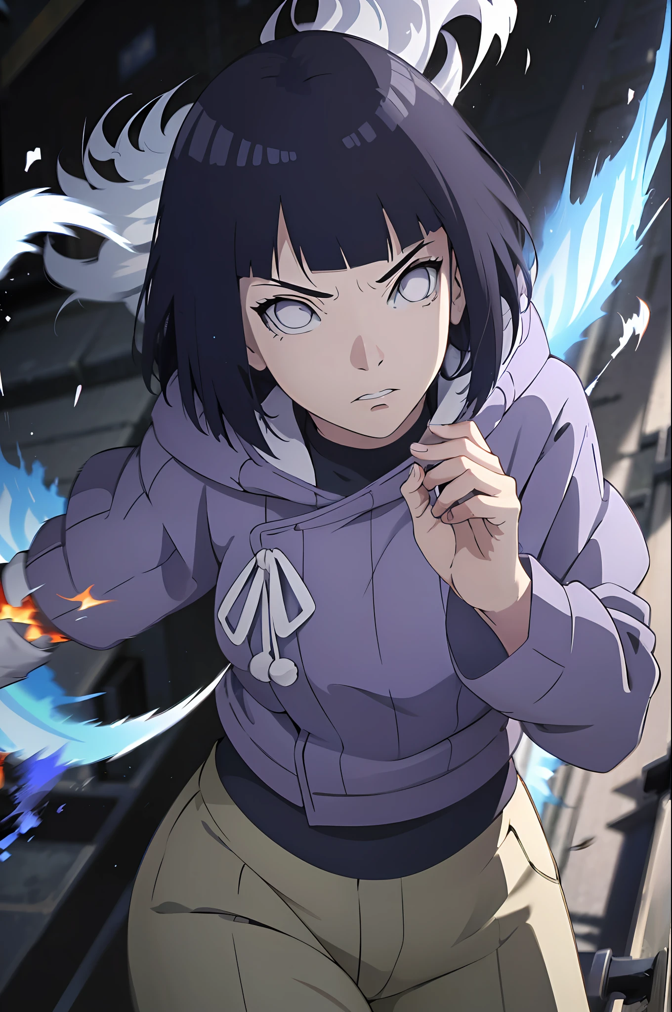 absurdres, (best quality), (masterpiece),(ultra-detailed:1.2),(photorealistic:1.1),(highres),from above,Yin Yang background, ,silhouette ,
1girl,angry,
(motion blur:1.7) ,speed lines ,
hinata\(boruto\), purple hoodie, brown pants, black shirt,glowing eyes,
(wind:1.4),(swirling:1.3) (,blue fire:1.3),(burning hands:1.1),
fire,