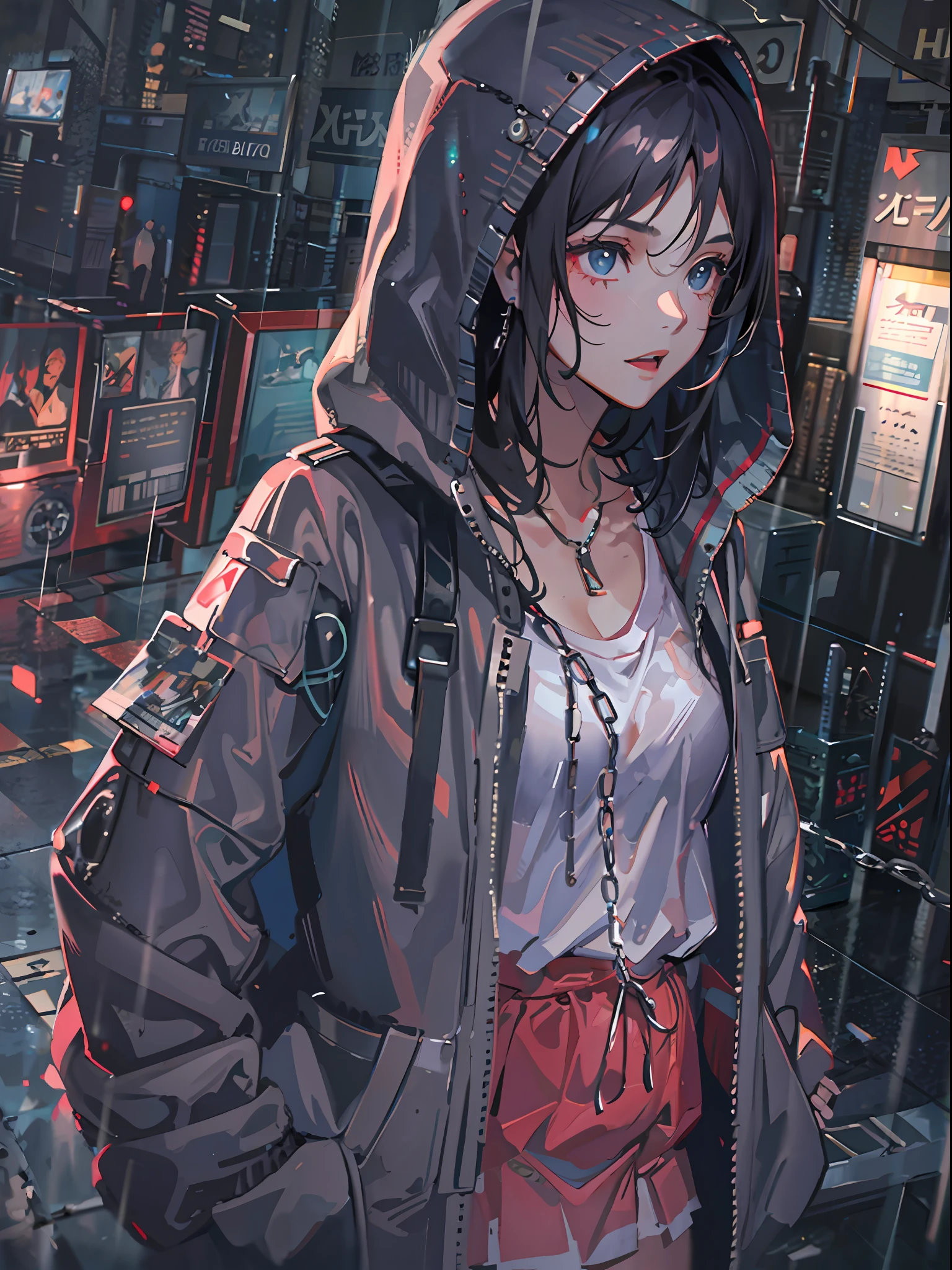 1 girl, jacket, rain, outdoors, hoodie, open jacket, chain, backpack, looking different, messy hair, trending on ArtStation, 8k resolution, highly detailed and anatomically correct, sharp image, digital painting, concept art, pixiv in Trending, Makoto Shinkai's Style, Shinkai's Style