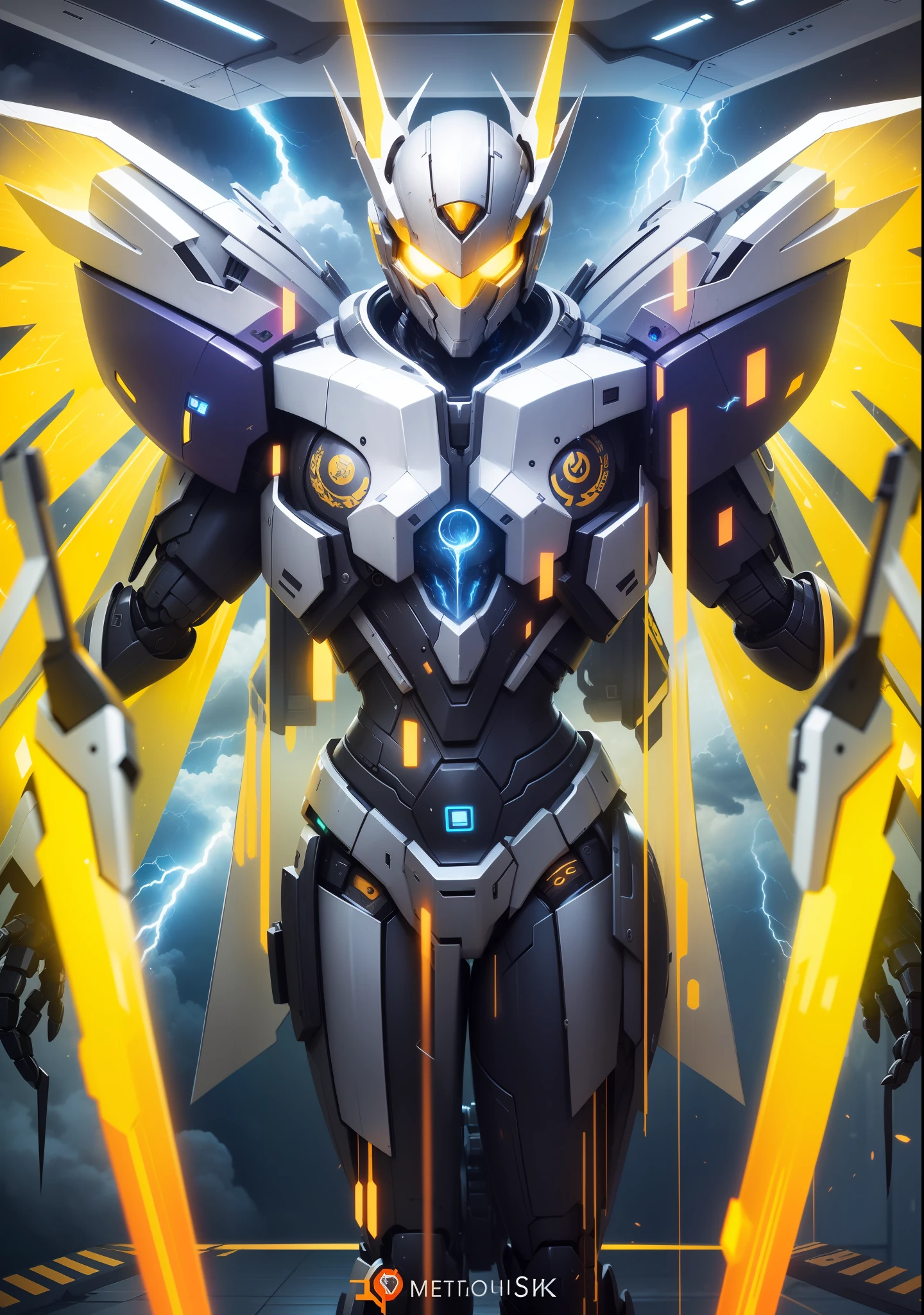Codename storm, futuristic robots, 2 lightning swords, shinning effects, metalic silver suit, wings, Eagle robots, Ultra detail body parts, 8k, High quality, masterpiece, futuristic effect, realistic