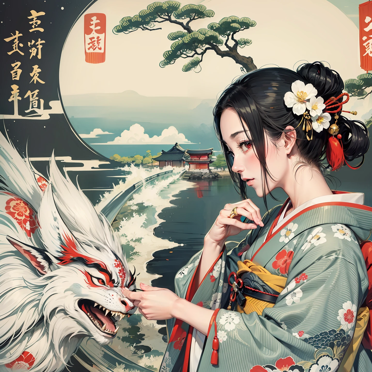 ukiyoe painting、A logo、Hinomaru、Woman in beautiful kimono、Komono、black-and-white、8K、super-fine、Japan sunny、Rin々Sacred Beast