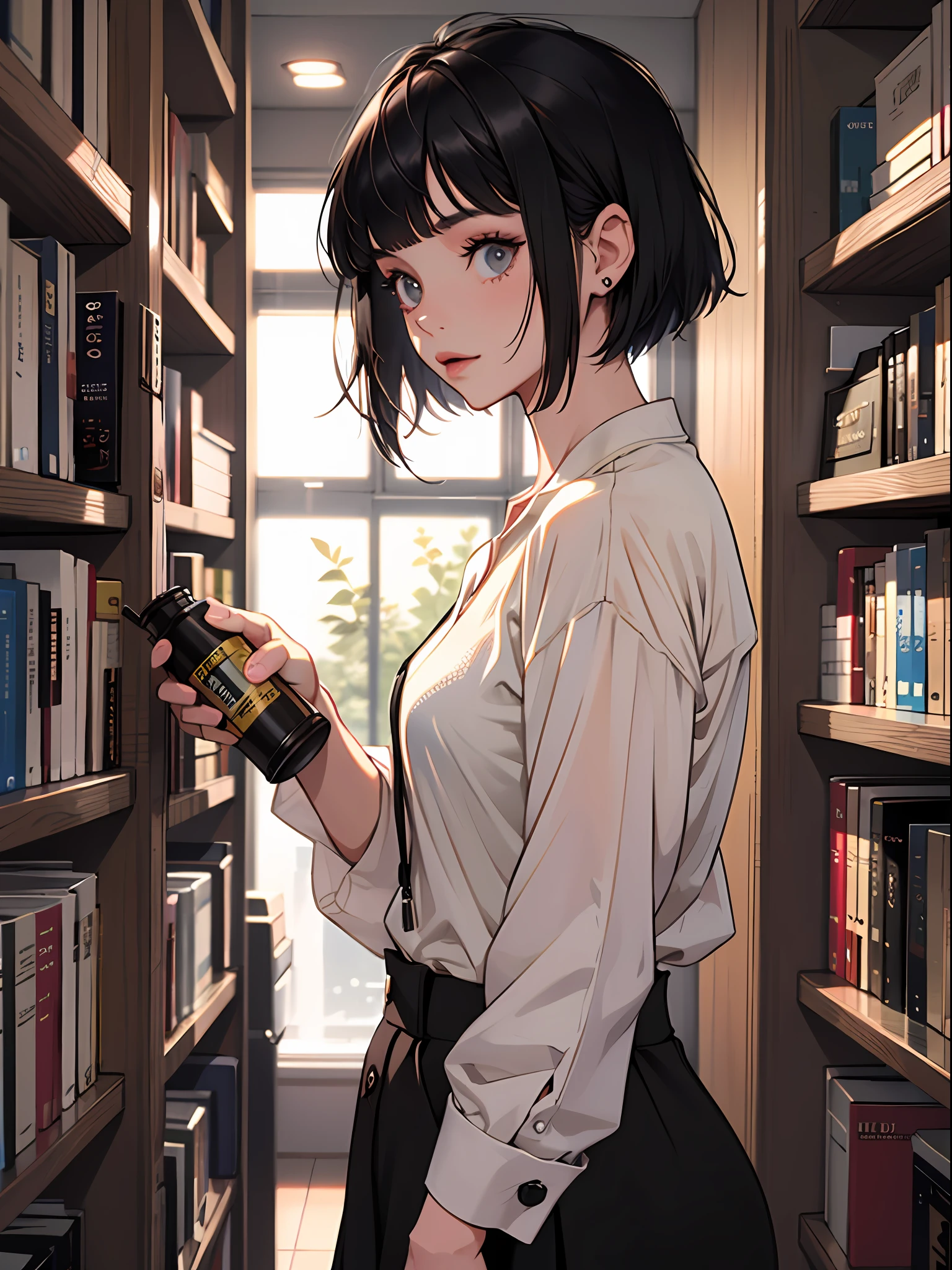 18 year old young girl : 1.3, short black hair: 1.2, Casual wear: 1.2, Daytime: 1.2,In the library: 1.2, Film lighting, Surrealism, UHD, ccurate, Super detail, textured skin, High detail, Best quality, 8k,Thin bangs