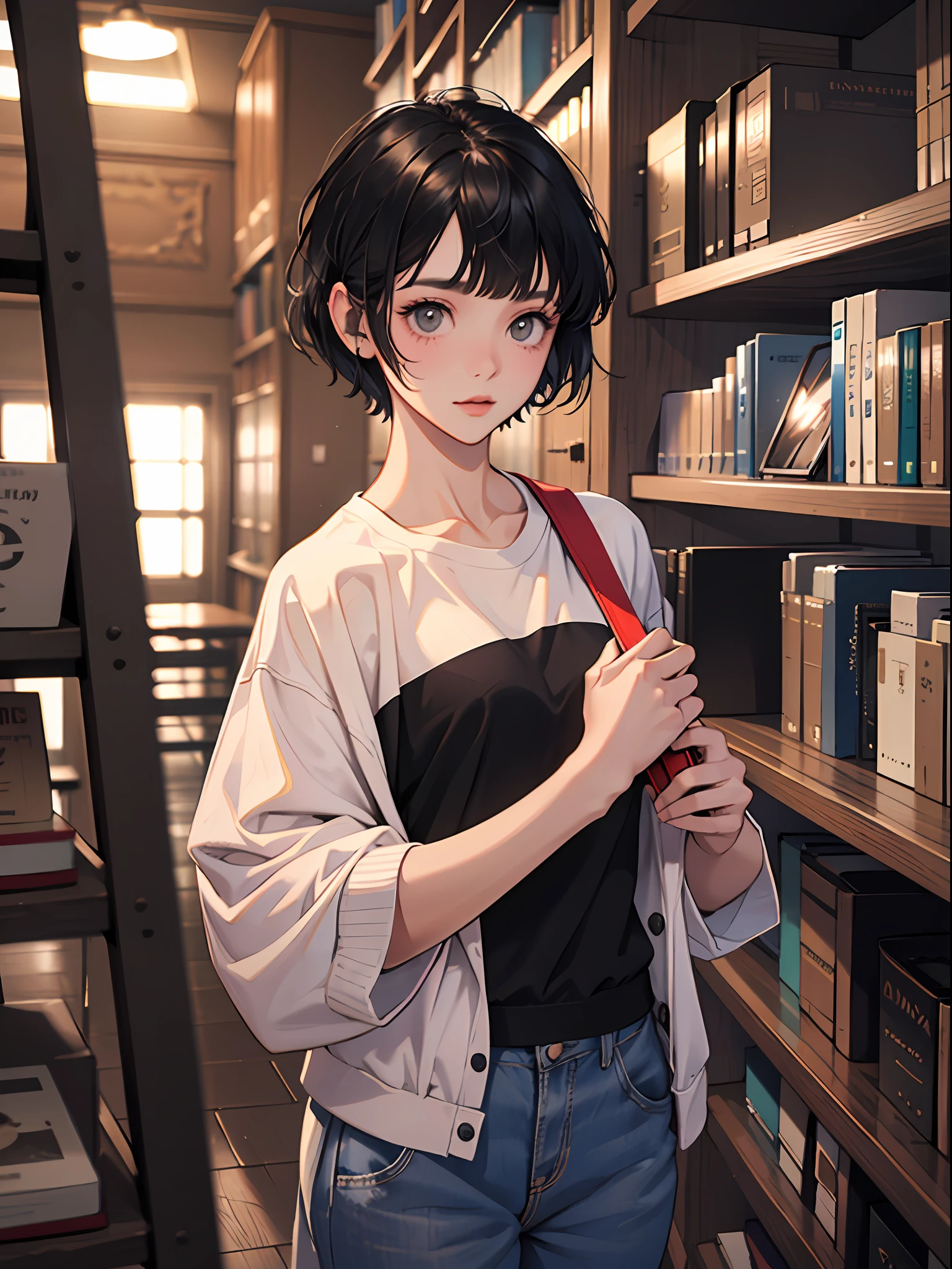 18 year old young girl : 1.3, short black hair: 1.2, Casual wear: 1.2, Daytime: 1.2,In the library: 1.2, Film lighting, Surrealism, UHD, ccurate, Super detail, textured skin, High detail, Best quality, 8k,Thin bangs