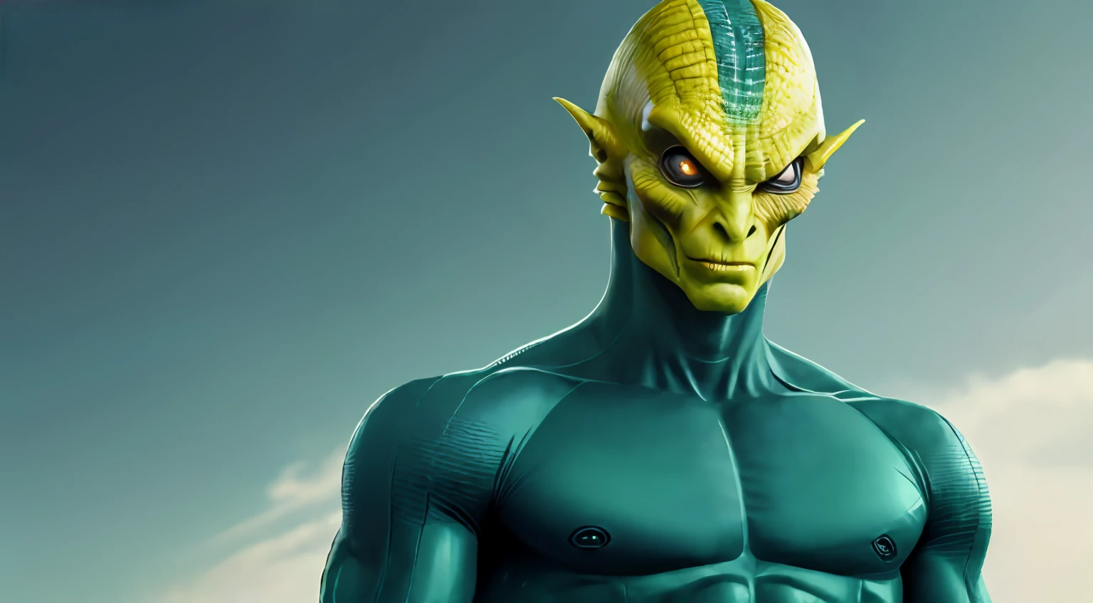 There is a man with a green alien face and a yellow head, Como guerreros reptilos atlantes, piel verde, Reptile space alien, Retrato de duende verde, Duende Verde, sci-fi lizard alien, Spiderman como Electro, El Duende Verde, piel verde con escamas, Criatura verde dorada, Toma de retrato, Arte CG, Estilo Guyver, reptil